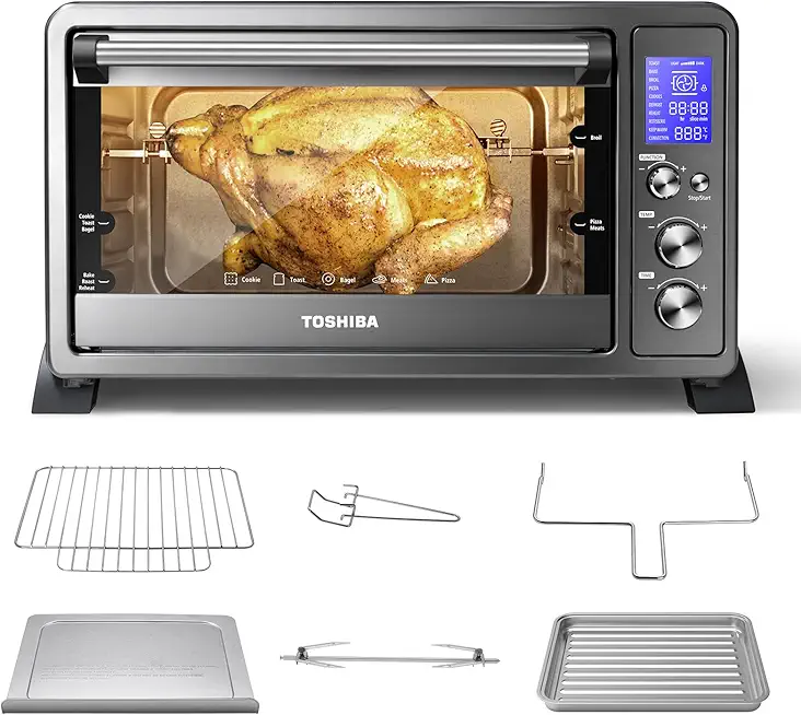 TOSHIBA AC25CEW-BS Large 6-Slice Convection Toaster Oven Countertop, 10-In-One with Toast, Pizza and Rotisserie, 1500W, Black Stainless Steel, Includes 6 Accessories