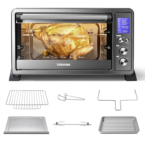 TOSHIBA AC25CEW-BS Large 6-Slice Convection Toaster Oven Countertop, 10-In-One with Toast, Pizza and Rotisserie, 1500W, Black Stainless Steel, Includes 6 Accessories - Black Stainless Steel - 25L (AC25CEW-BS 10-IN-ONE)