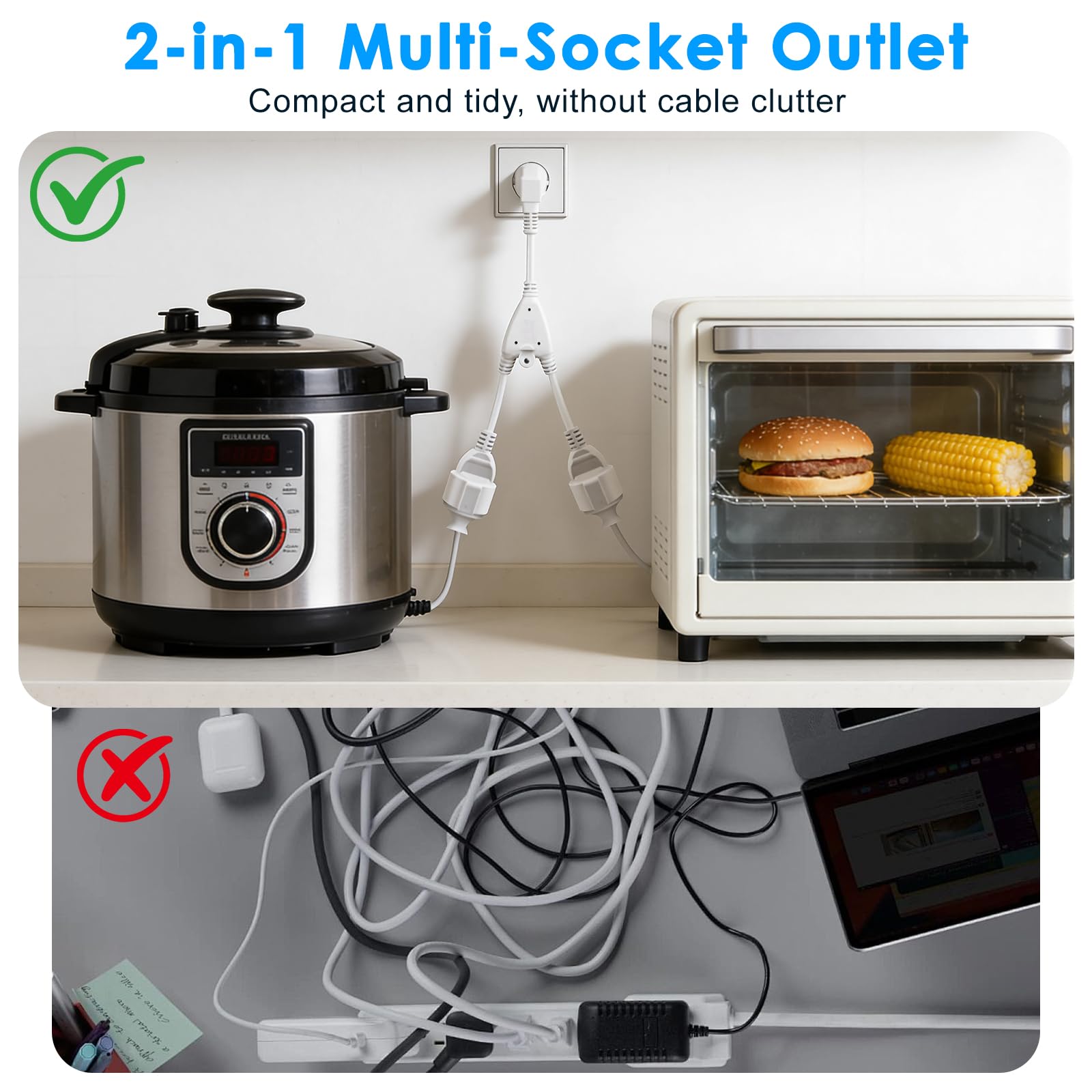 Podwójna Wtyczka do Gniazdka, Adapter Gniazdka Dwudrożny, 250V, 16A, 3680W, do Domu, Biura, Kuchni, Kompatybilny z Komputerem, Laptopem, Drukarkami i Sprzętem Biurowym