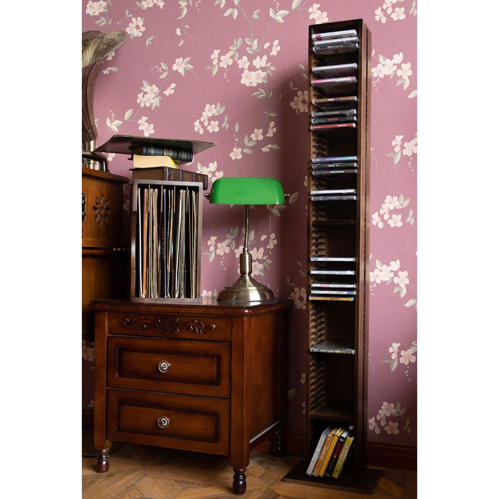 Supporto per CD in legno di pino di noce retrò, verticale da pavimento, per film e musica, grande capacità, contiene 60 custodie per dischi, perfetto per la nizzazione home theatre.