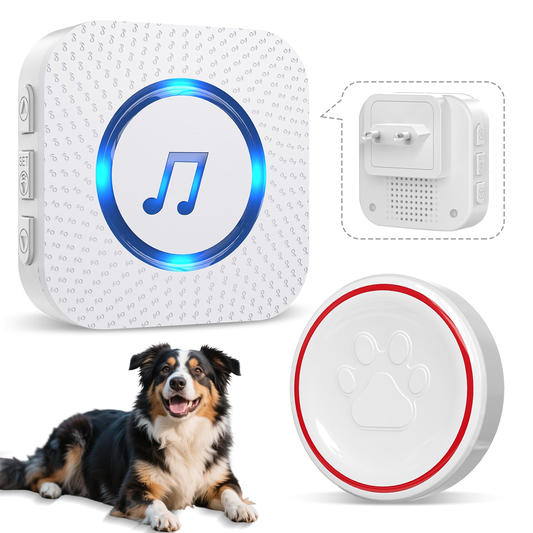 ChunHee Sonnette pour Chien Porte/Carillon pour Chat/Cloche Porte Chien - Entraînement aux Toilettes, sans Fil Étanche IP55, 55 Mélodies (1 Récepteur + 1 Émetteur)