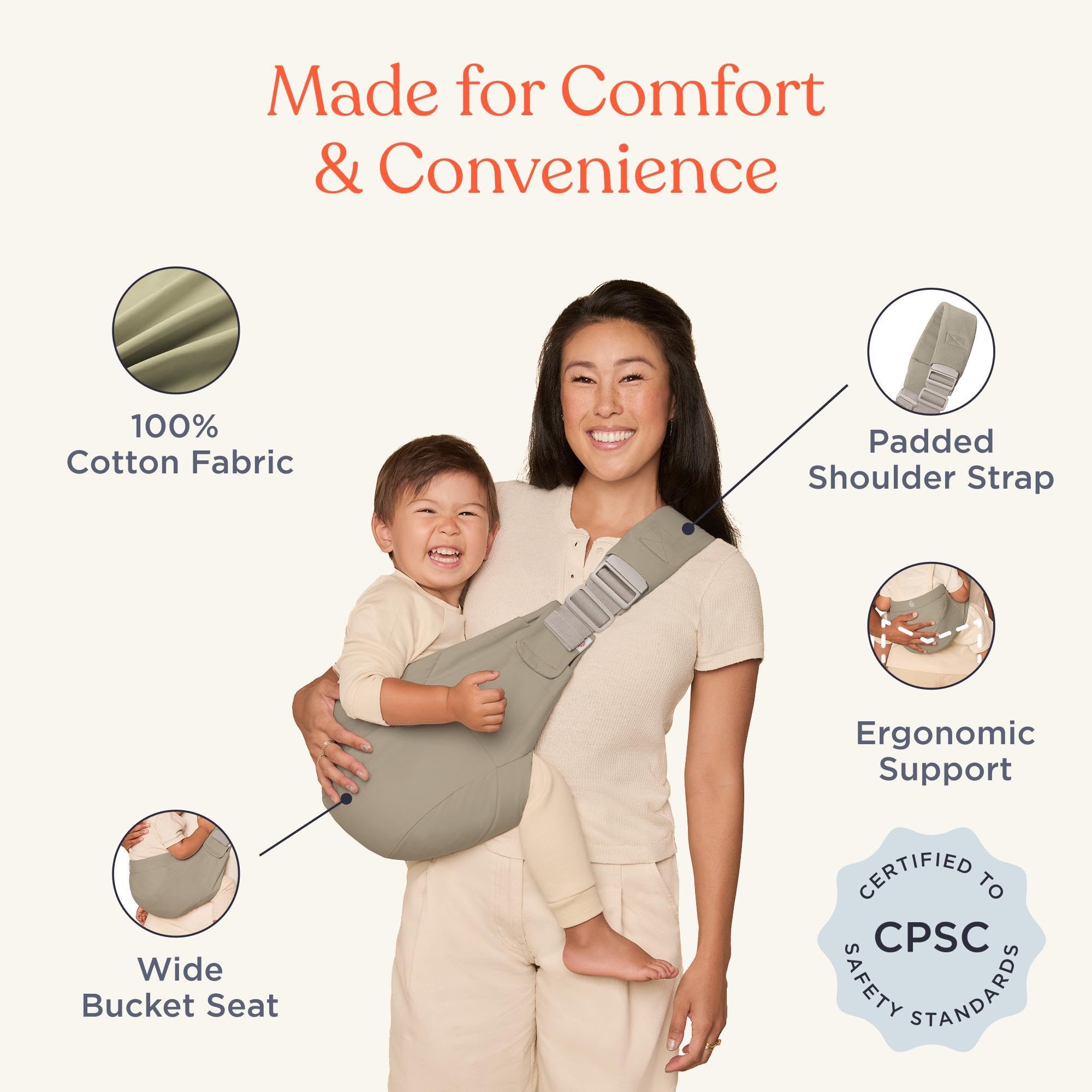 Mochila portabebés Ergobaby Upsie Sling, mochila ergonómica para bebés y niños pequeños a partir de 6 meses (7,7-20,4 kg), cambio espontáneo entre caminar y ser llevado en brazos, Soft Olive — view 2