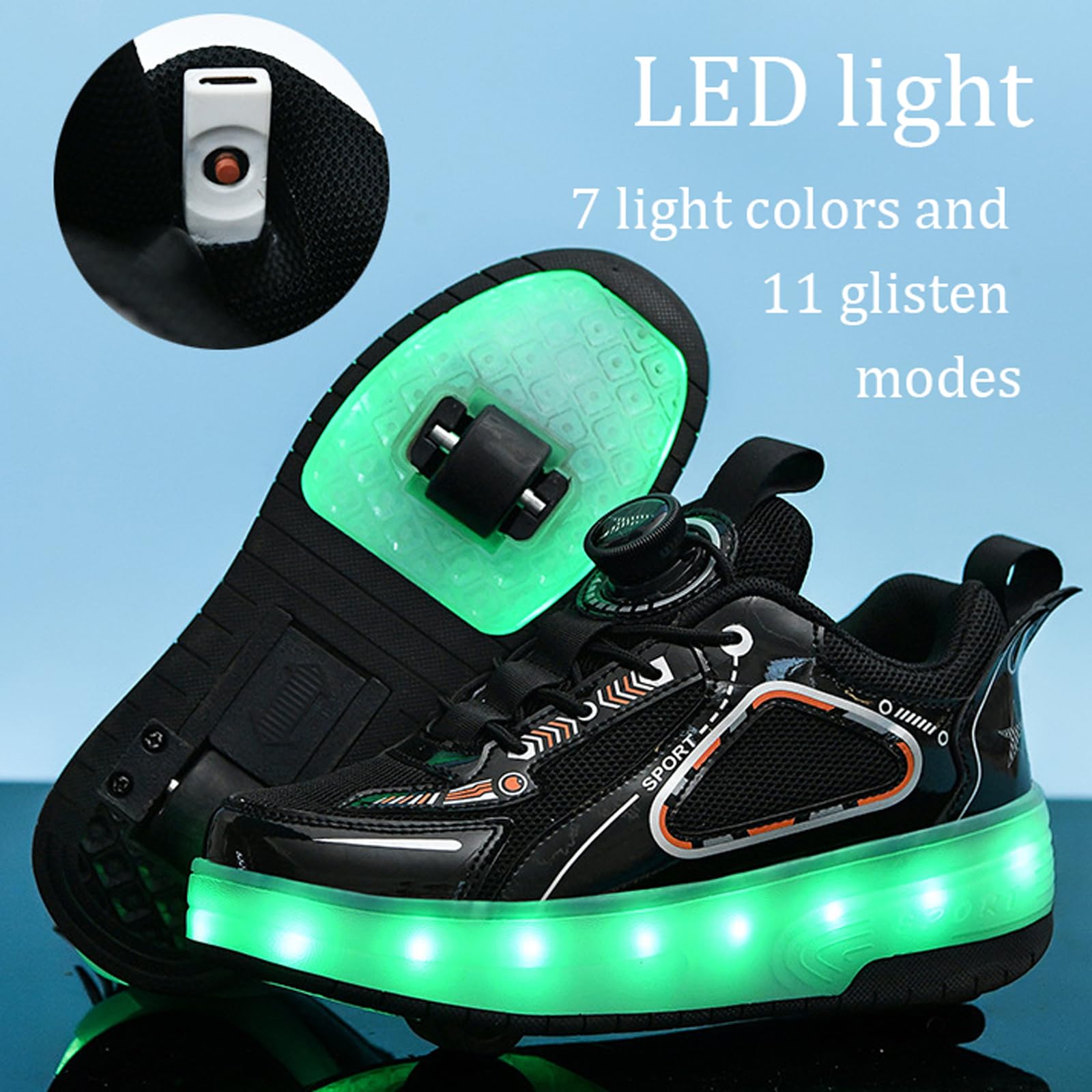 Wrotki LED buty, buty treningowe z podwójnymi kółkami, buty do jazdy na rolkach, oddychająca siatka, ładowanie USB, 7 kolorów światła, obrotowe sznurowadło, prezenty dla chłopców i