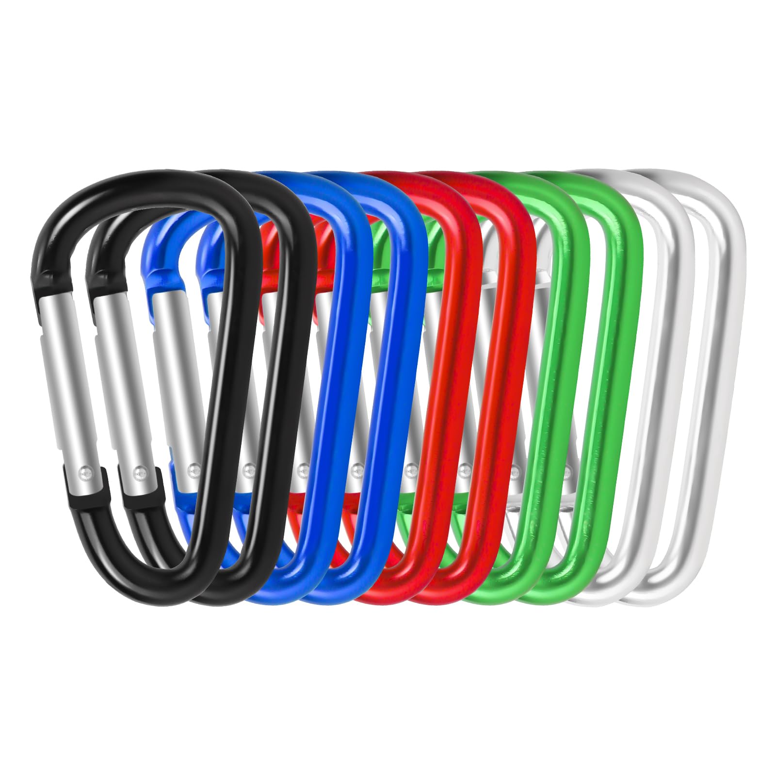 ASLXZRK 10 Pack Carabiner Clip 3’’ Aluminium D-Ring Carabiner Multi-Coloured Carabiner Hooks for Camping, Hiking, Backpacking or Other Outdoor Activities, #8, black,blue,red,green,grey