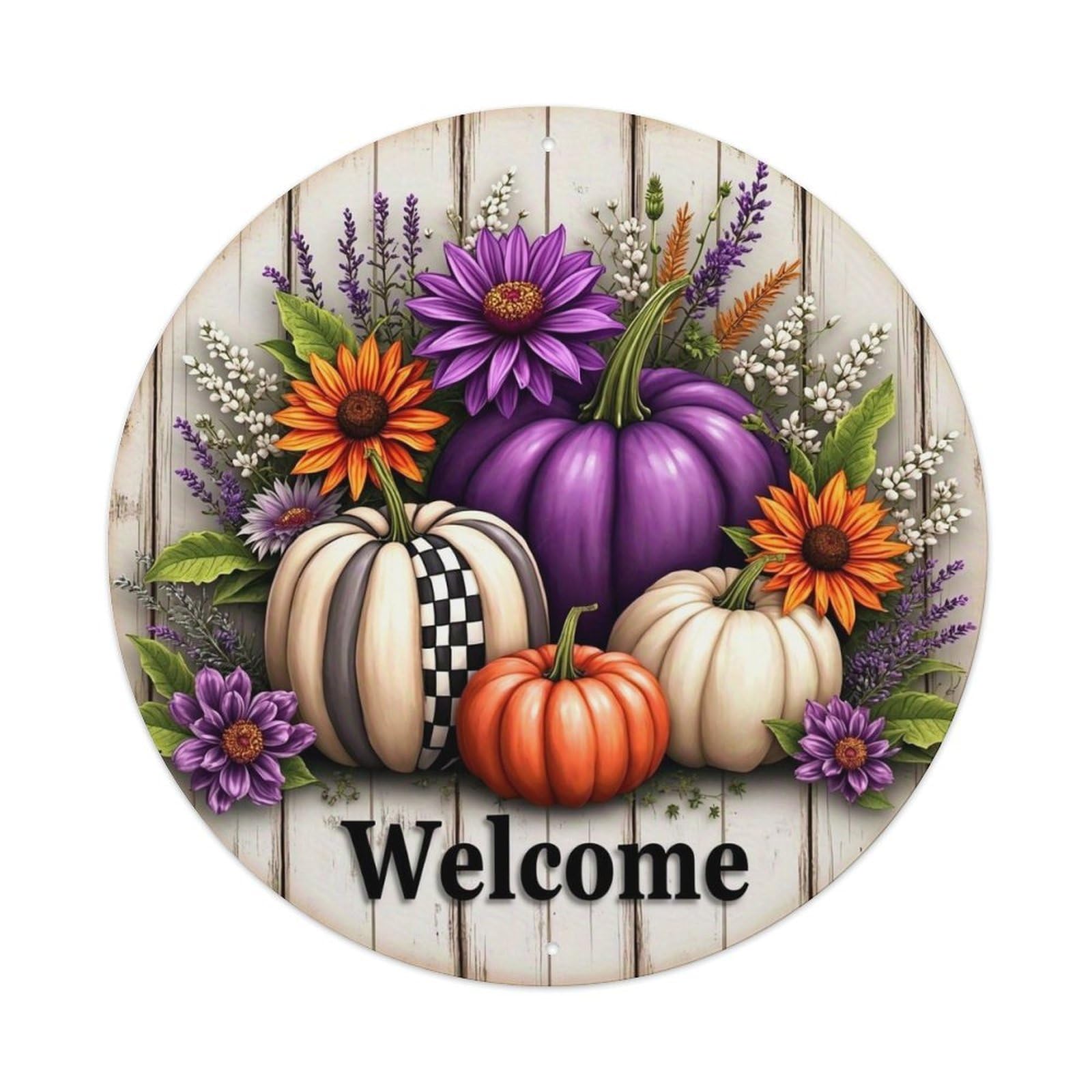 Autumn Pumpkin Floral Welcome Design Tin Sign Metal Poster Vintage Metal Signs for Home Man Cave Bar Cafe Kitchen laundry room Wall Decorations 8x8 inches