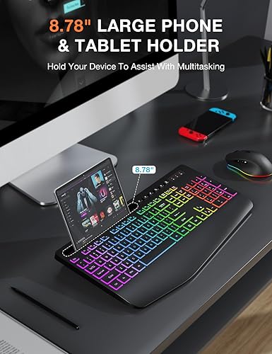 Miniatura 4 de Combo de teclado y mouse inalámbricos, 9 efectos retroiluminados, RGB, reposamuñecas ergonómico, soporte para teléfono, tamaño completo 2.4G