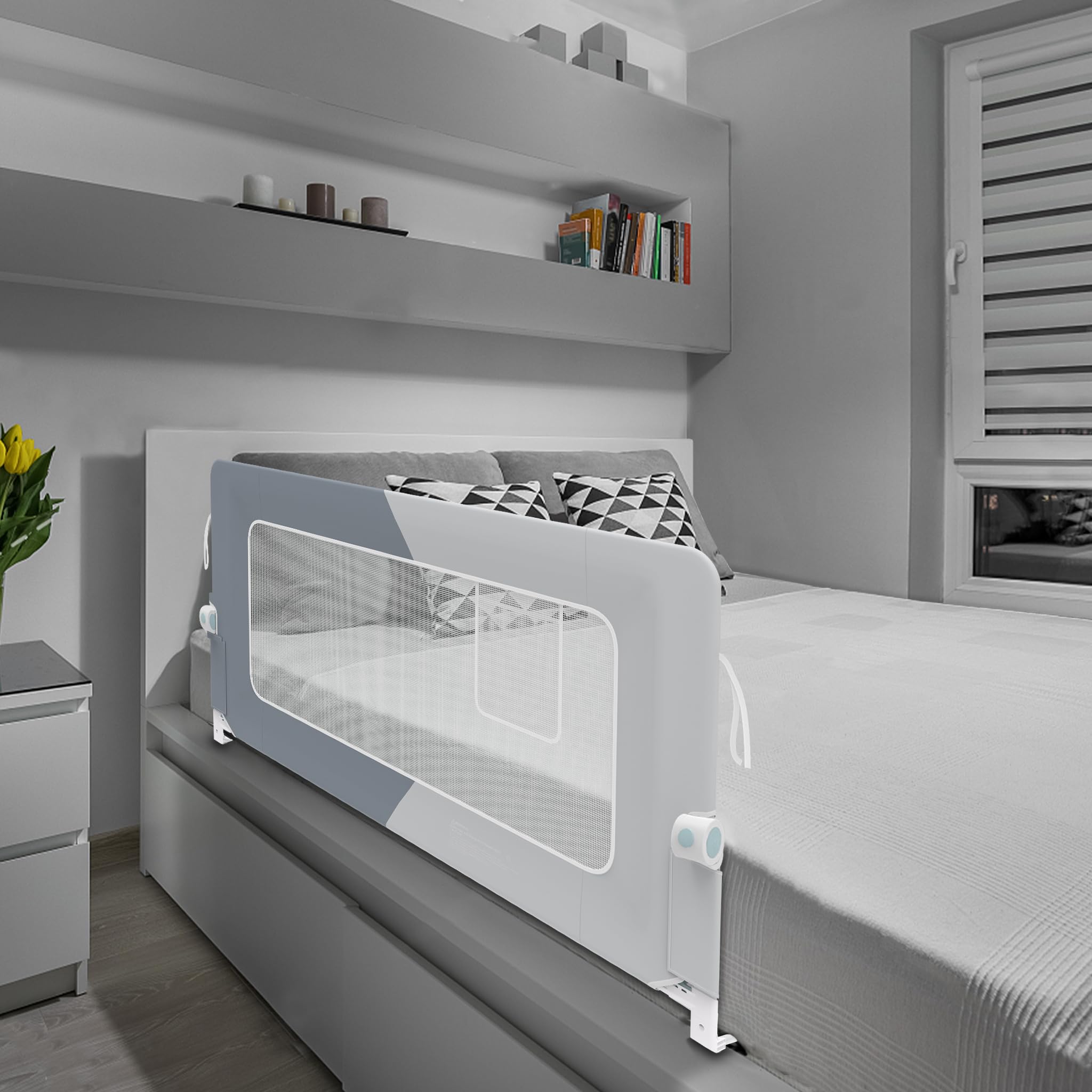 Barrière de lit rabattable protection anti-chute pour enfant 150 cm Gris foncé Gris clair
