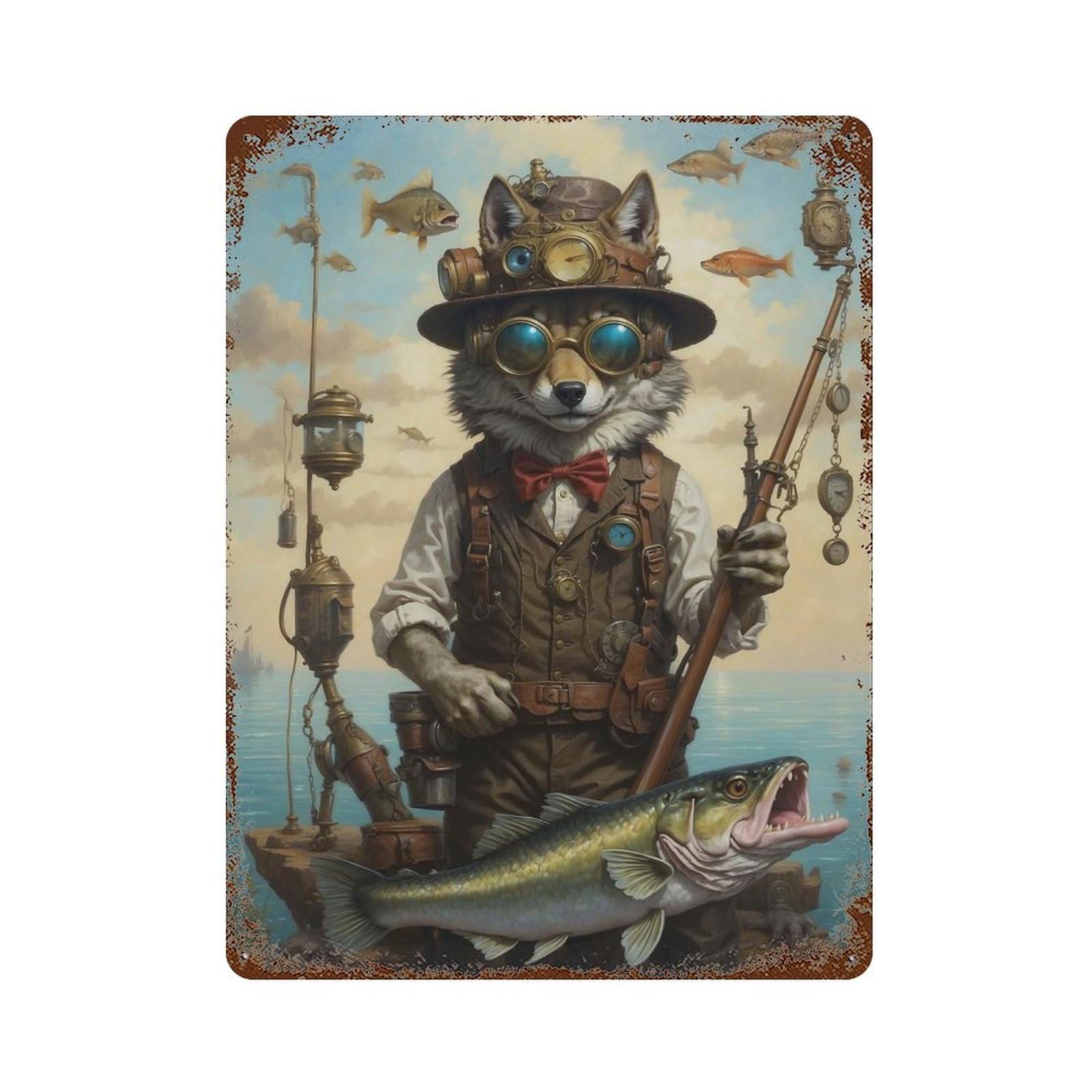 Steampunk Wolf Fishing 15.7"x11.8" Rusty Metal Tin Sign, Farmhouse Wall Decor for Office, Studio And Wall Decor