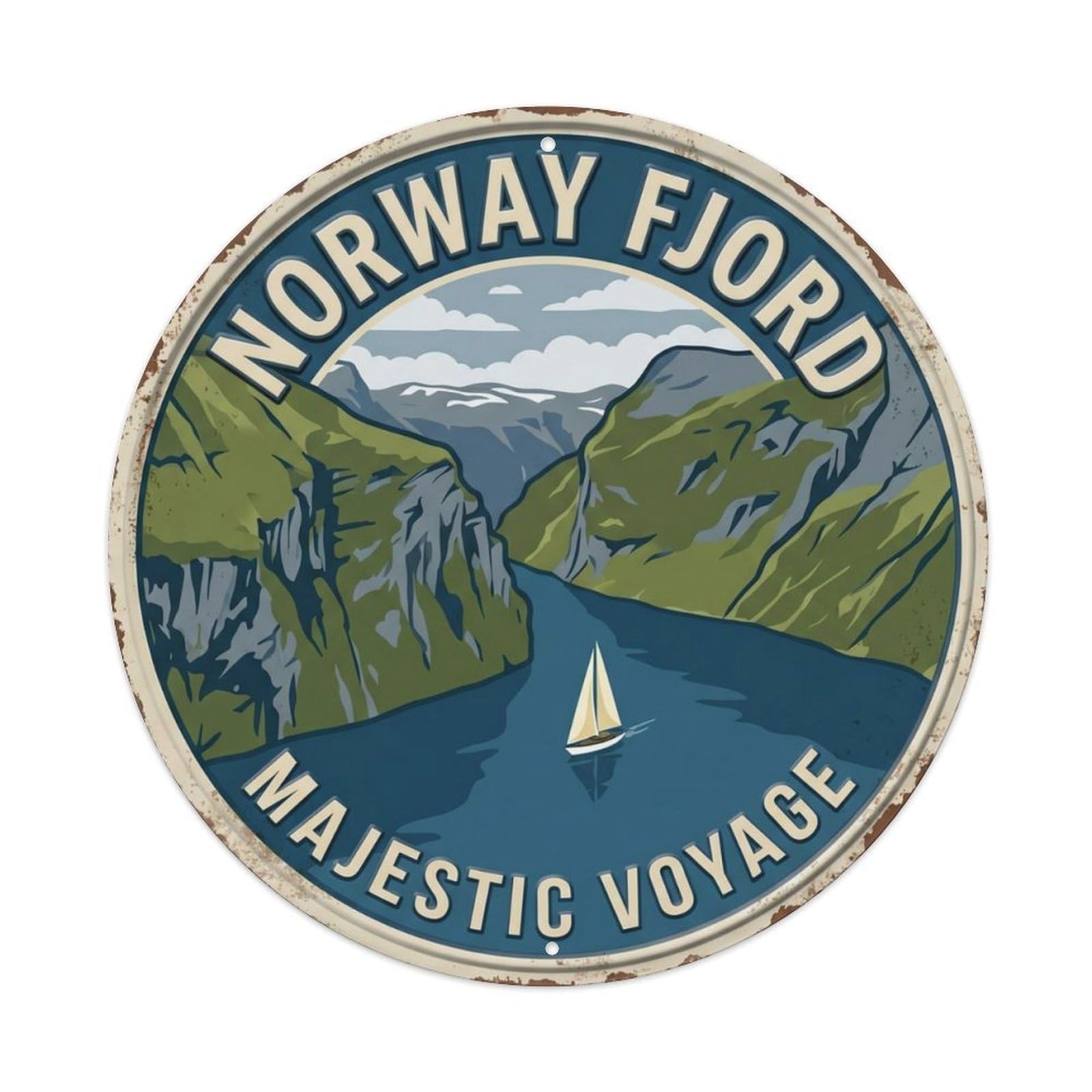 Fjord Majestic Voyage Norway Waterway Metal Tin Sign Plaque Wall Decor for Cafe, Club Bar, Office, Home Garden Round Metal Poster 8x8Inch