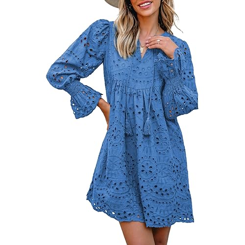 Dokotoo Womens 2025 Boho Dress Tassel V Neck Long Sleeve A Line Casual Hollow Out Lace Ruffle Party Dresses