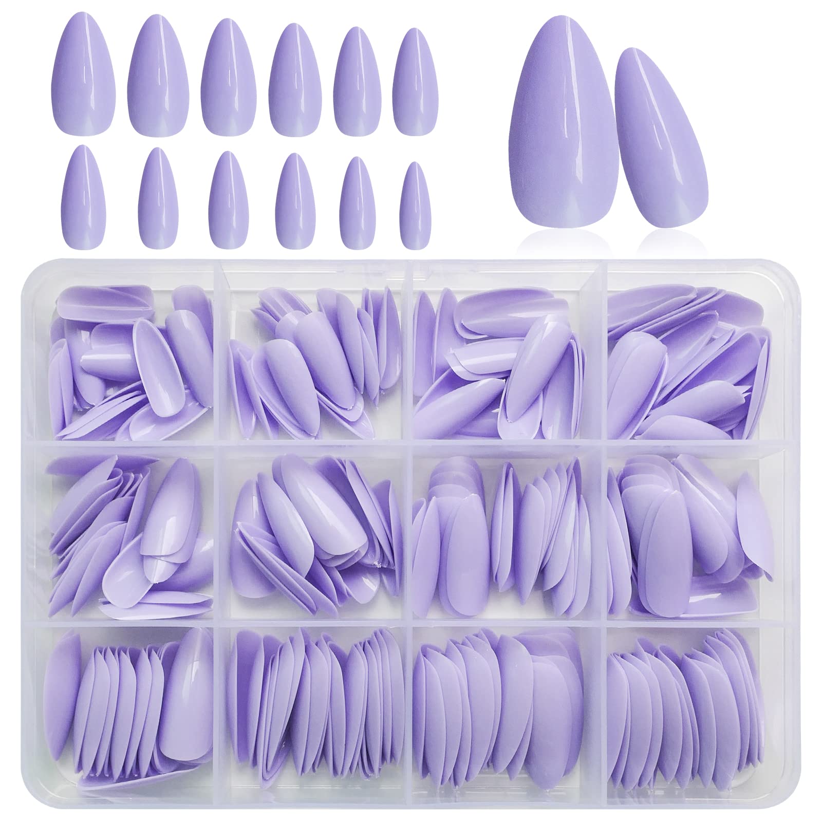 LoveOurHome 240pc Medium Almond Press on Nails Colored PurpLE Fake Nail Tips Full Cover Artificial Fingernail French Stiletto Manicure with Adhesive Tabs for Women Girls - Baby Purple