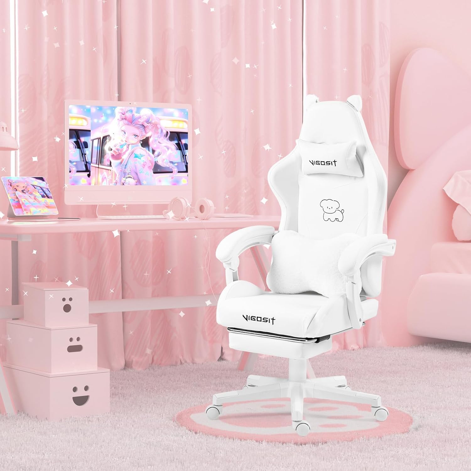 Vigosit Gaming Stuhl Niedlich mit Ohren und Kawaii Kissen, Ergonomische Computer-Spiel-Stuhl für Mädchen mit Lendenwirbelstütze und Fußstütze, Bequeme zurücklehnen PC Gamer Stuhl für Teenager (White)