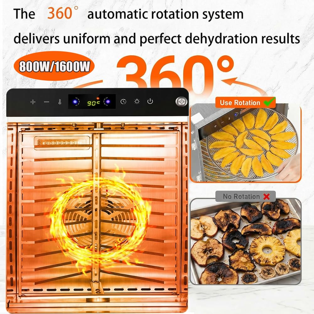 Deshidratador de alimentos giratorio 360°(10 bandejas extragrandes) Control de temperatura de 86℉ a 190℉ Ventilador doble de 800W Deshidratador para carne seca,frutas,hierbas,verduras