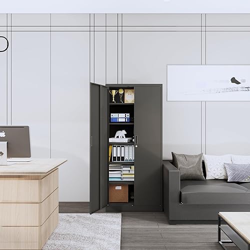 Vista 9 de CMY Gabinete de almacenamiento de metal, gabinete de bloqueo de 71 pulgadas de alto con 5 estantes ajustables, armarios de garaje para oficina, Negro