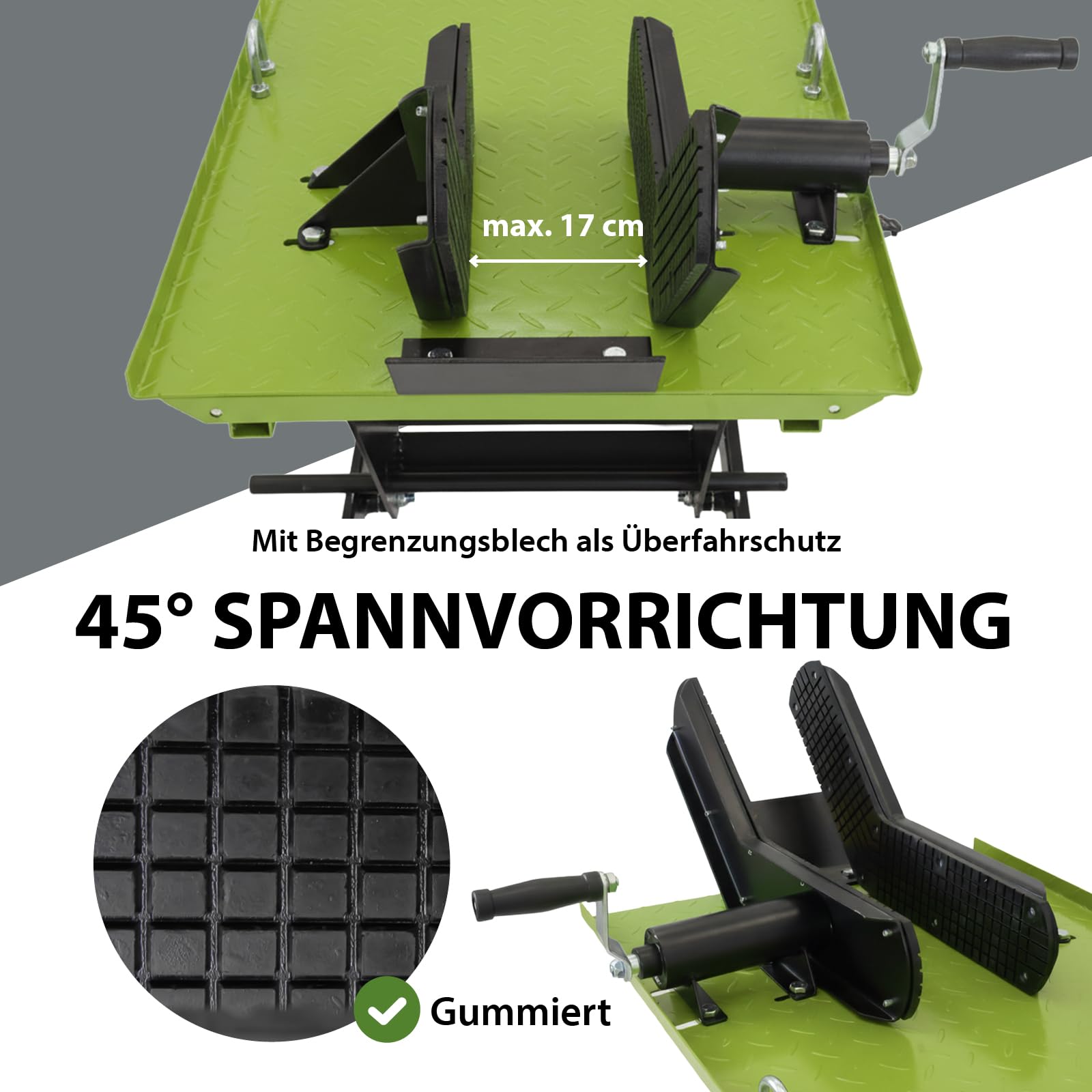 TRUTZHOLM Motorradhebebühne hydraulisch Tragkraft 450 kg Motorradheber Extra-Breit 68 cm Hubbereich 20-84 cm abnehmbare Auffahrrampe 4 Halteösen 45° Vorderradklemmung Parallelheber Hebebühne (Grün)