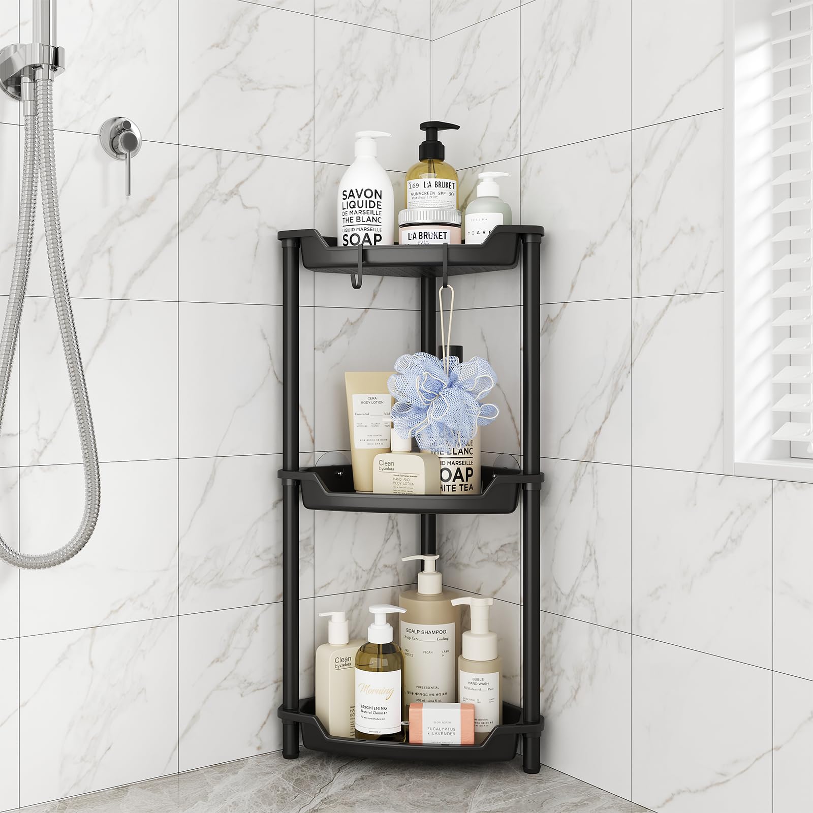 ELYKEN Corner Shower Caddy 3 Tier Rustproof Floor Standing Shower Organizer Plastic Metal Splicing Floor Shower Corner Shelf