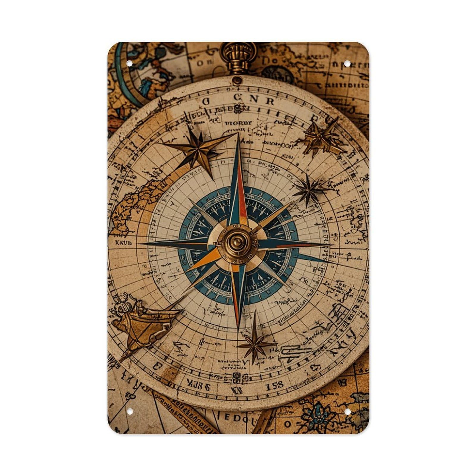 QMNLKH Compass And Old World Map Plaques for Wall Decor, Personalized Metal Tin Sign for Home, Multifunctional Poster for Office, Fashion Painting for Hallway, Wall Art Pictures, 7.9x11.8Inch