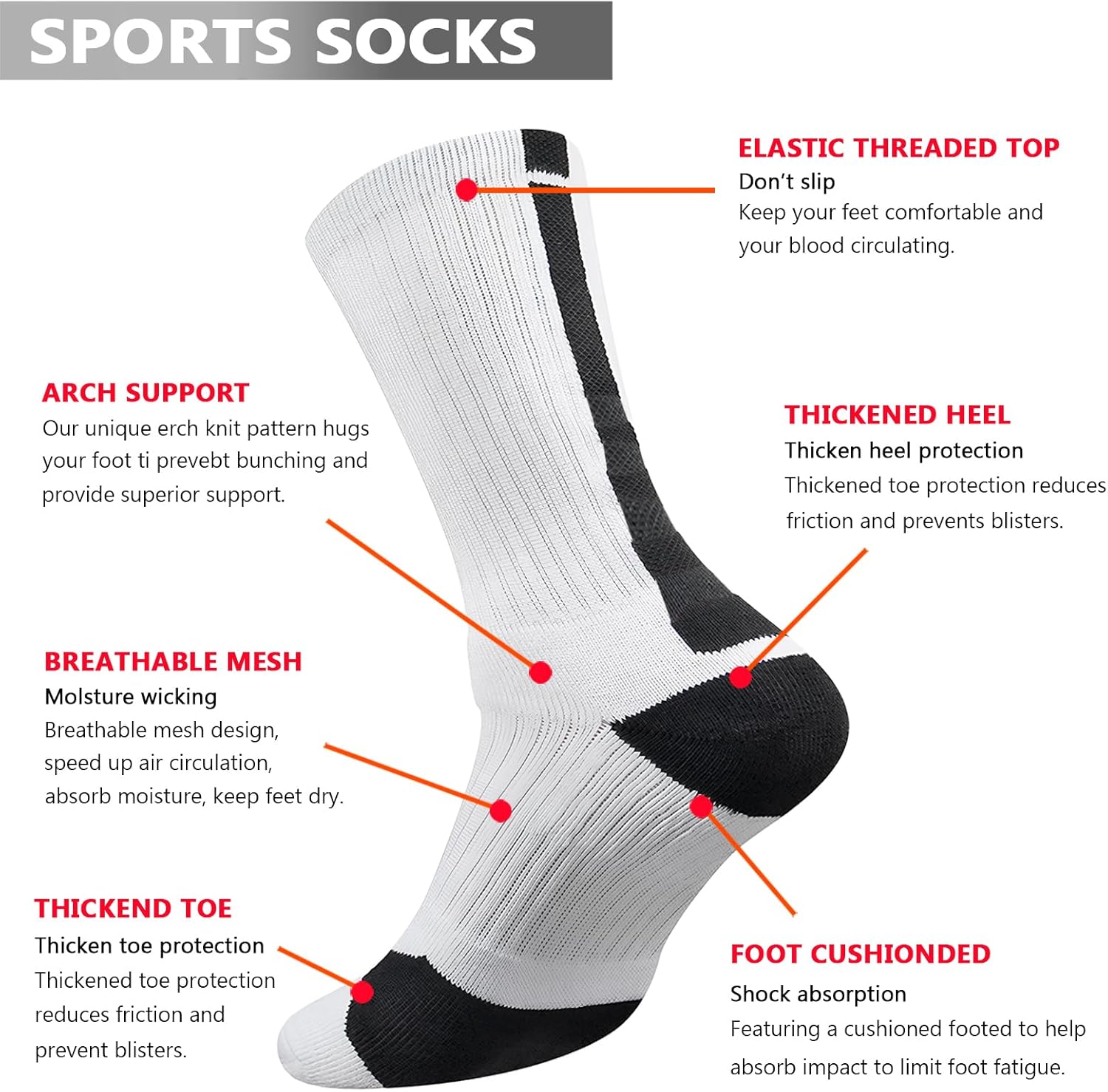 DRASEX Men's Sports Cushioned Athletic Crew Socks 4-Pack Performance Thick Basketball Running Hiking Socks