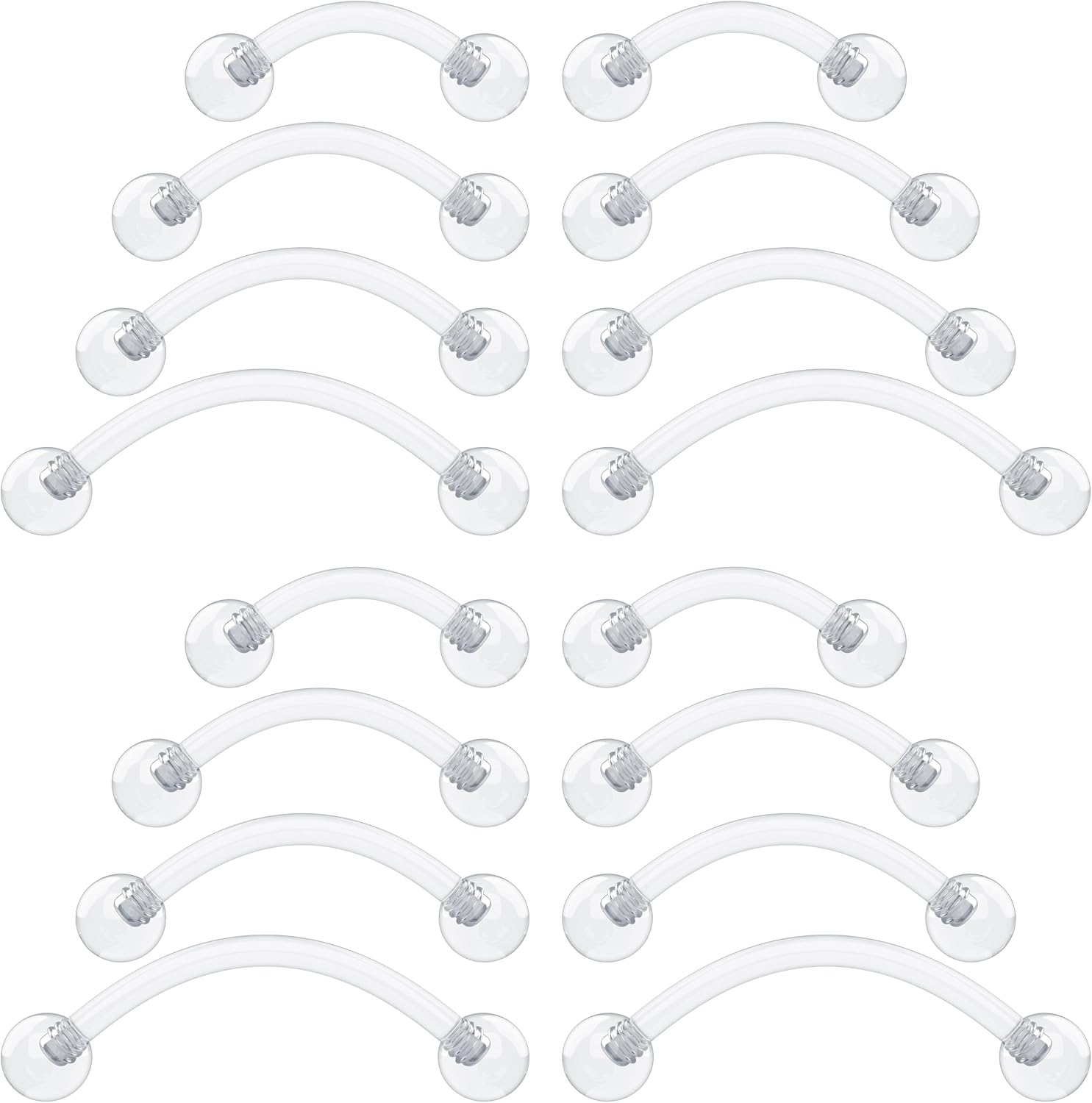 16g Clear Piercing Retainers For Surgery - Bioflex Plastic Clear Eyebrow Piercing Curved - Invisible Cartilage Earrings For Rook Helix Daith Tragus Conch Vertical Labret Snake Bite 8,10,12mm (16pcs Set)