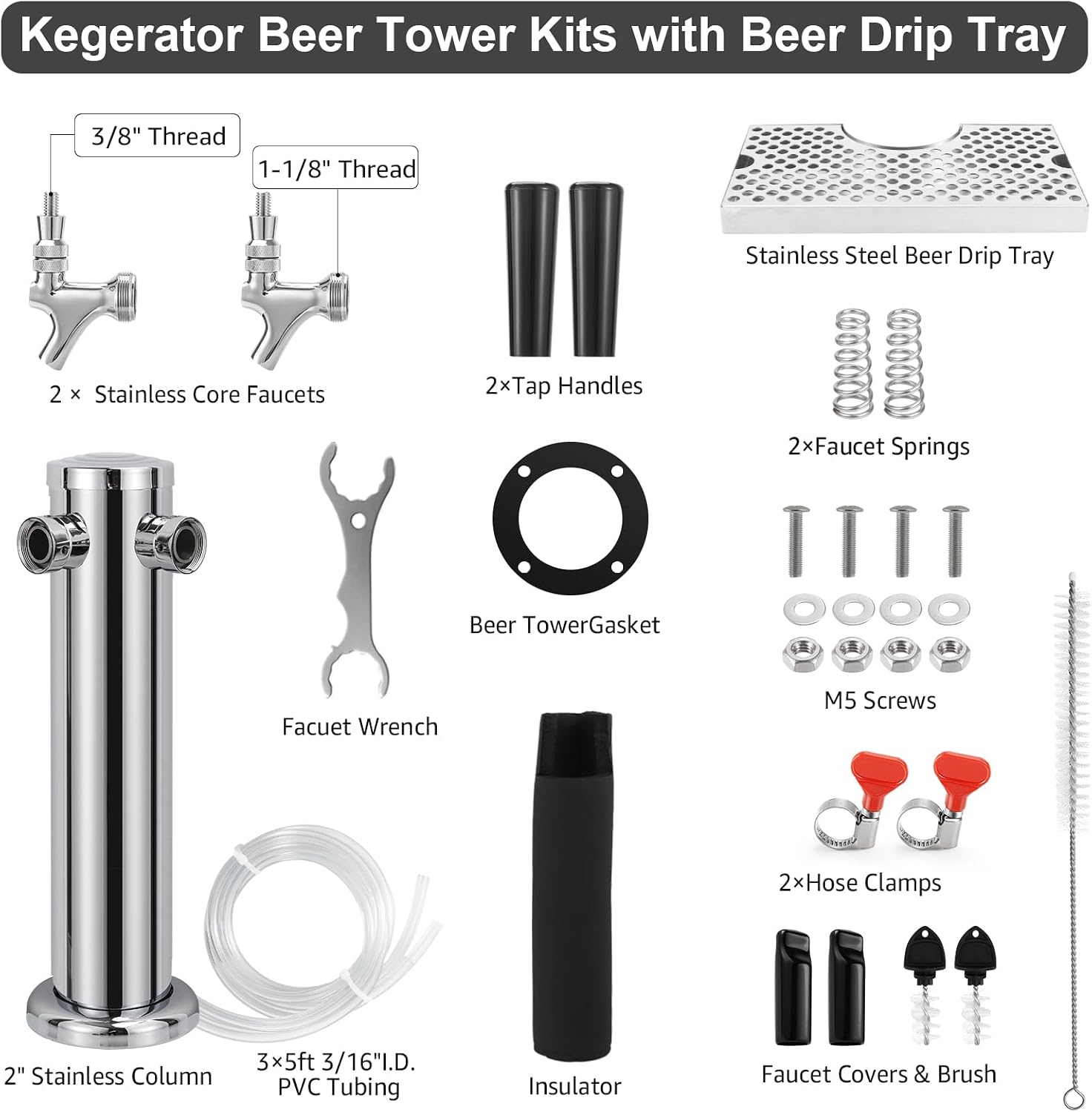 Dual Tap Kegerator Tower Beer Tap Tower with Stainless Steel Beer Drip Tray
