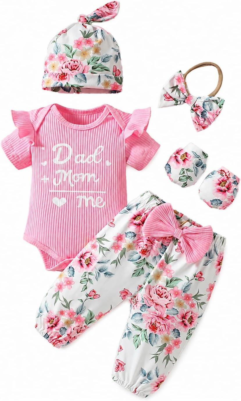 ChuYuKu Newborn Girl Coming Home Outfit 5Pcs, Baby Hospital Outfit Set, Romper Flower Pants Headband for Spring Summer