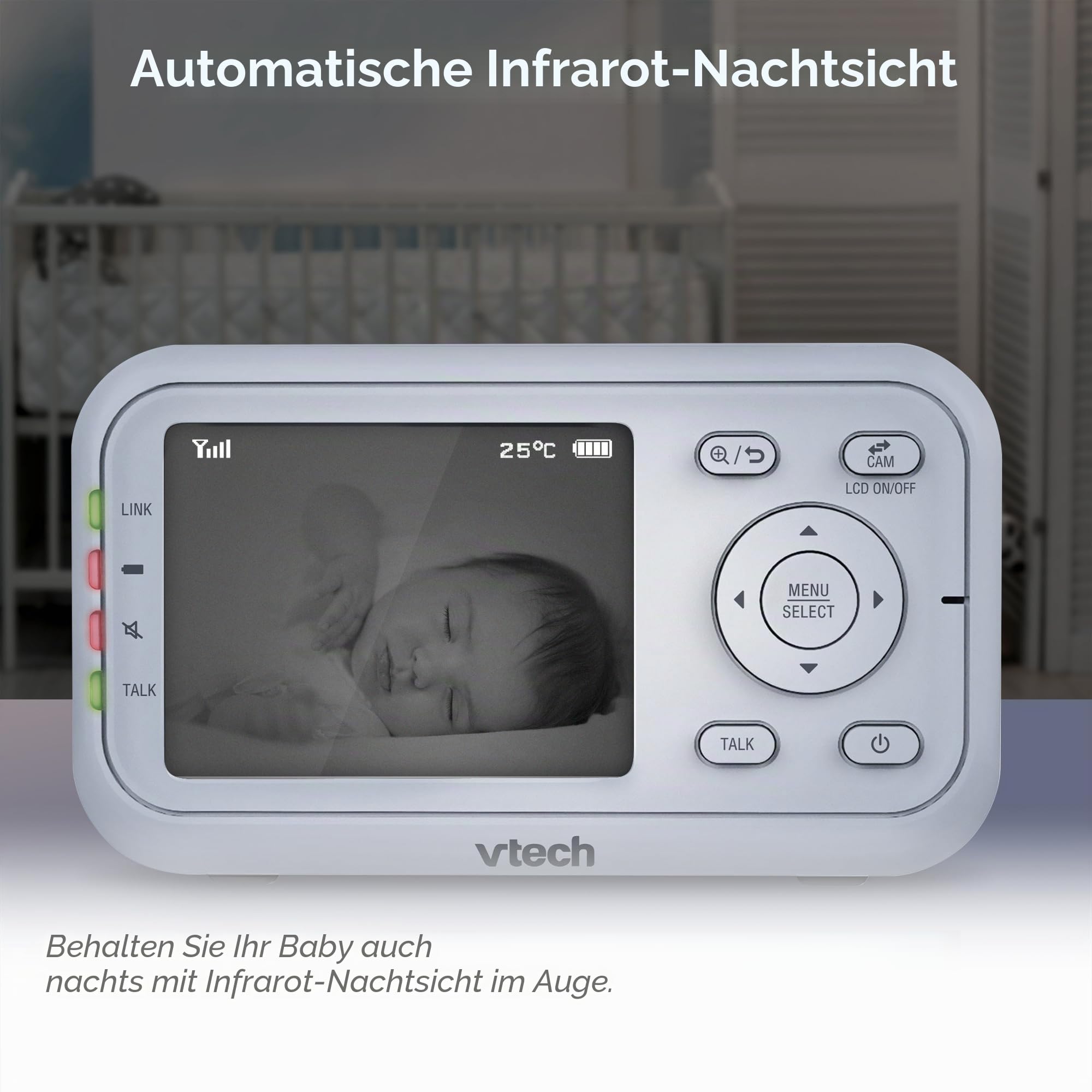 VTech VM3250 Video-Babyphone mit Kamera, 300 m Lange Reichweite, Babyphone mit 7,1 cm LCD-Bildschirm, bis zu 19 Stunden Video-Streaming, Nachtsicht, sichere Übertragung, Temperatursensor, beruhigende