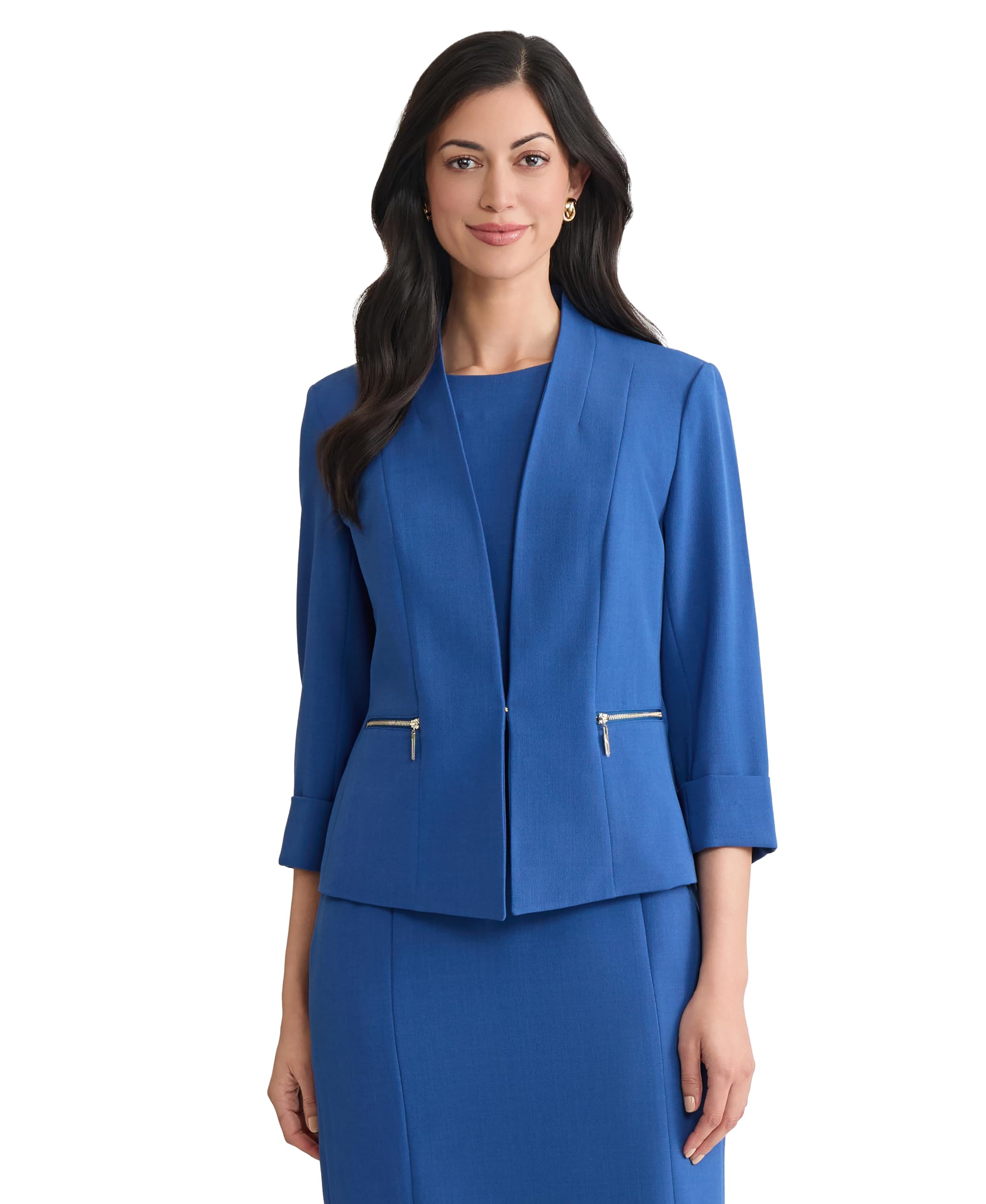 Kasper Womens Stretch Crepe Open Jacket with Zip Pockets