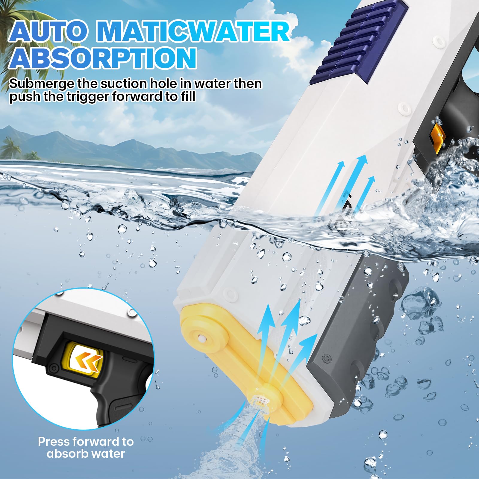 Wasserpistole Elektrisch, Automatische Elektrische Wasserpistole 450ML Große Kapazität für Sommer, Strand, Schwimmbad, Garten, Rasen, Party, Spiele Weiß