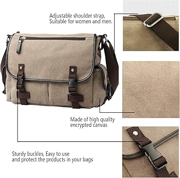 [Upgraded] Vintage Canvas Messenger Bag 13 15.6 17 inches Large Book Laptop Shoulder Bag Women Men New (Beige, Medium)