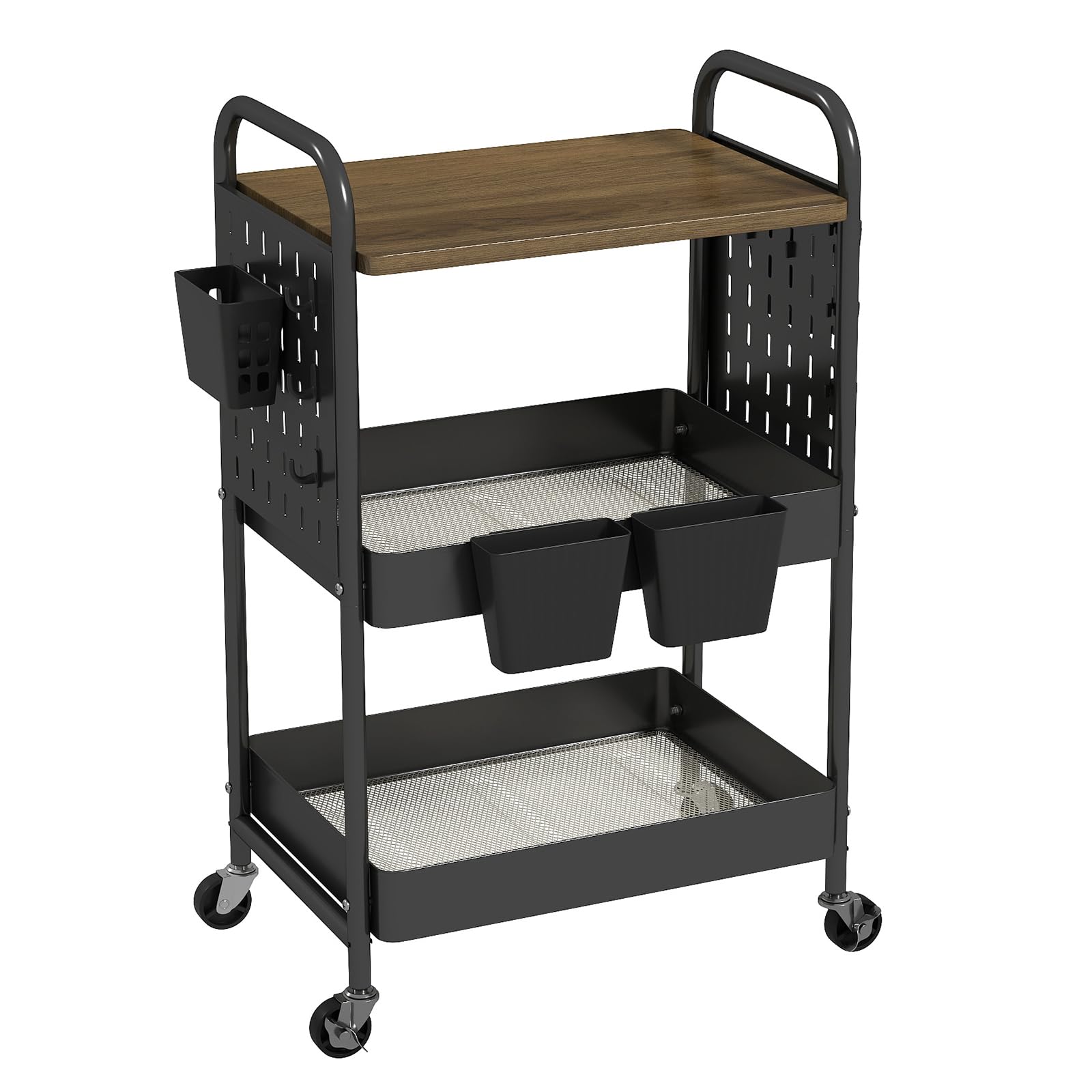 danpinera 3 Tier Rolling Cart, Metal Utility Cart with Wooden Table Top & DIY Pegboard, Rolling Carts, Storage Cart with Hooks & Hanging Cups for Kitchen, Bathroom, Office — image 1