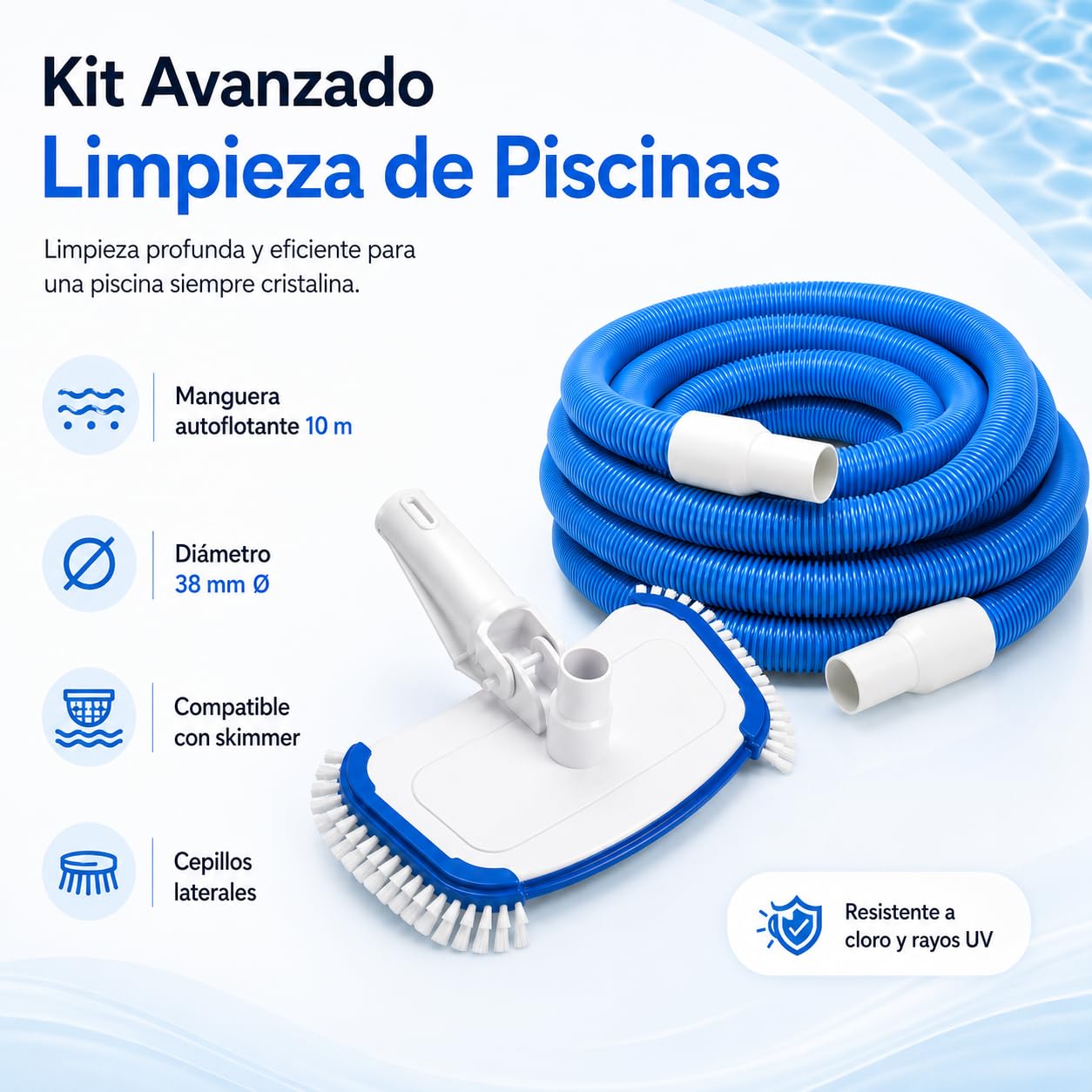 Keeper Kit Avanzado Limpieza de Piscinas, Limpiafondos Manual con Manguera 38 mm Ø, Manguera Autoflotante 10m, Compatible con Skimmer y Sistemas de Filtrado para Piscinas