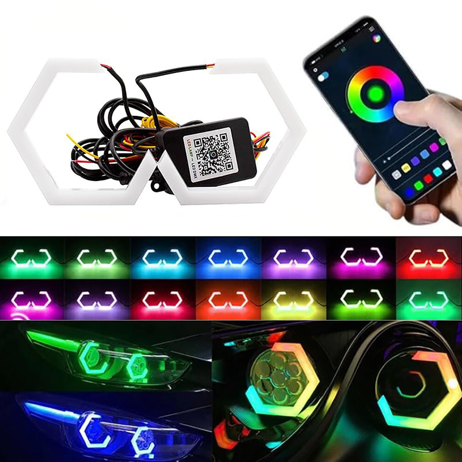 Angel Eyes Halo RGB, luci da corsa a LED multicolori, fari a LED, accessori per auto, luce a LED per auto, decorazione del veicolo, luce di segnalazione di svolta, controllo tramite app