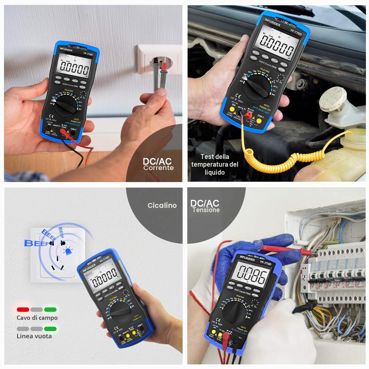 Multimetro Digitale YF-770D Pinza Amperometrica hFE Test di Tensione CC/CA, Corrente CC/CA, Resistenza, Capacità, Temperatura con Retroilluminazione Automatica e Display a 40000 Conteggi