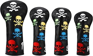 Number-one Golf Club Head Covers for Fairway Woods Driver Hybrids, 4Pcs Leather Golf Headcover Set with Skull Patterns Embroidery and Numbers 1 3 5 H, Golf Club Headcovers for Club Men Women (Black)