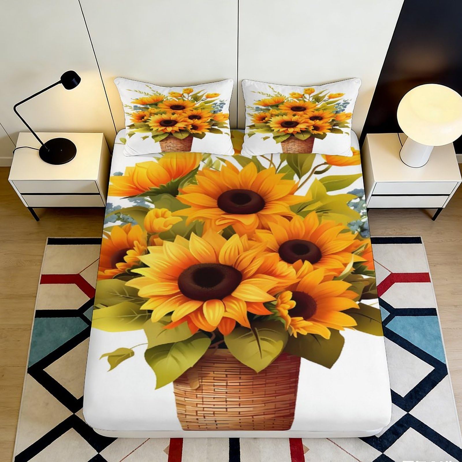 Uynsixtme Style-2 Vivid Sunflower 3D Printed Fitted Sheet Microfiber Deep Pocket Non-Slip Bedroom Bedding Sunflower Mattress Fitted Cover Washable 140X200x25cm