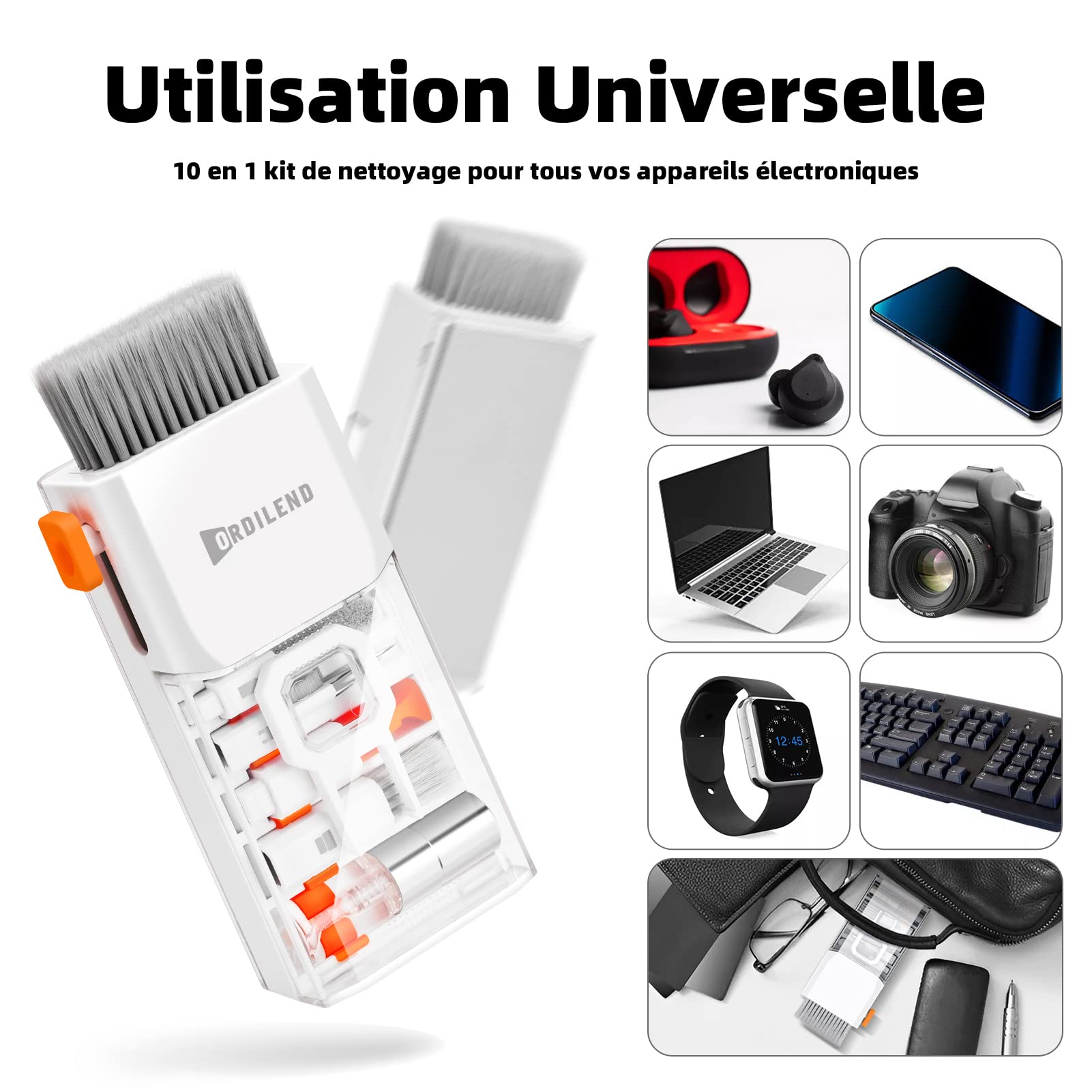 Ordilend Kit de Nettoyage pour iPhone Airpods Claviers Ordinateurs et Tablettes,Nettoyeur d'écran Multifonctionnel pour Ecouteurs,Téléphones,Appareils Photo,Tout-en-Un avec Brevet-Blanc