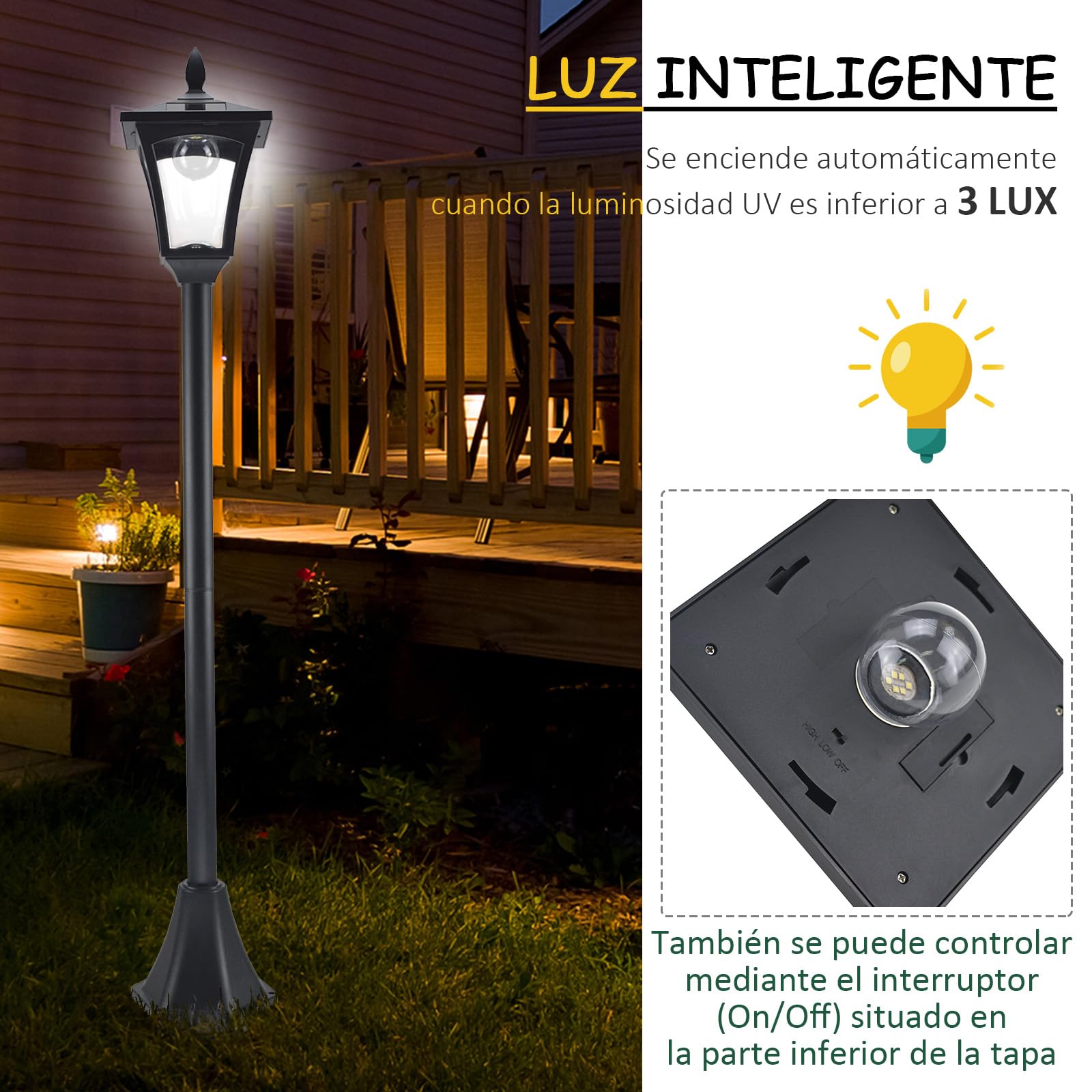 Outsunny Farola Solar Luz Solar de Exterior con Panel Solar Encendido Automático e Impermeable IP44 Marco de Acero Inoxidable para Patio Terraza 18x18x160 cm Negro
