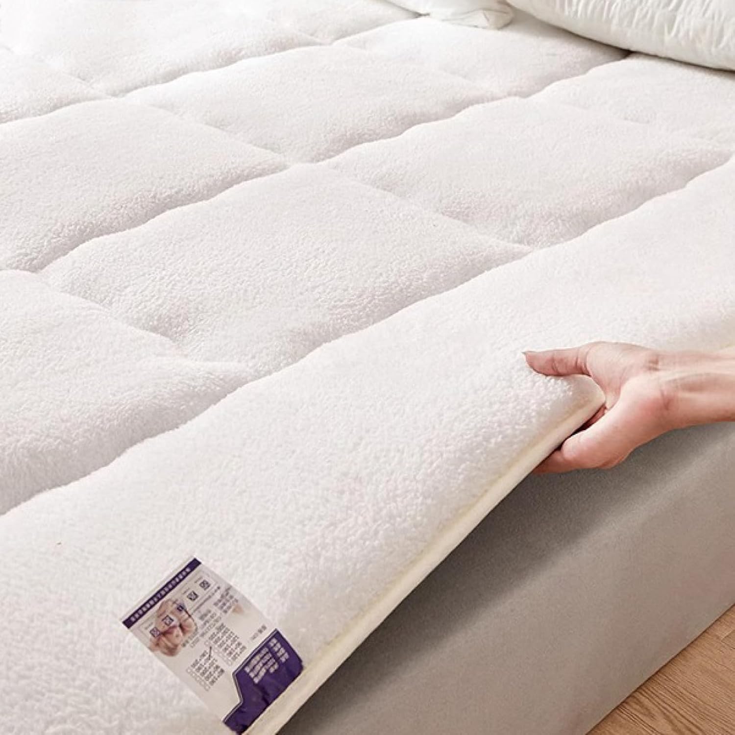 Sherpa King Mattress Pad, Mattress Protector with Elastic Straps Ultra Soft Foldable Sherpa Fleece Cover, Full Size(80x190cm, Khaki)