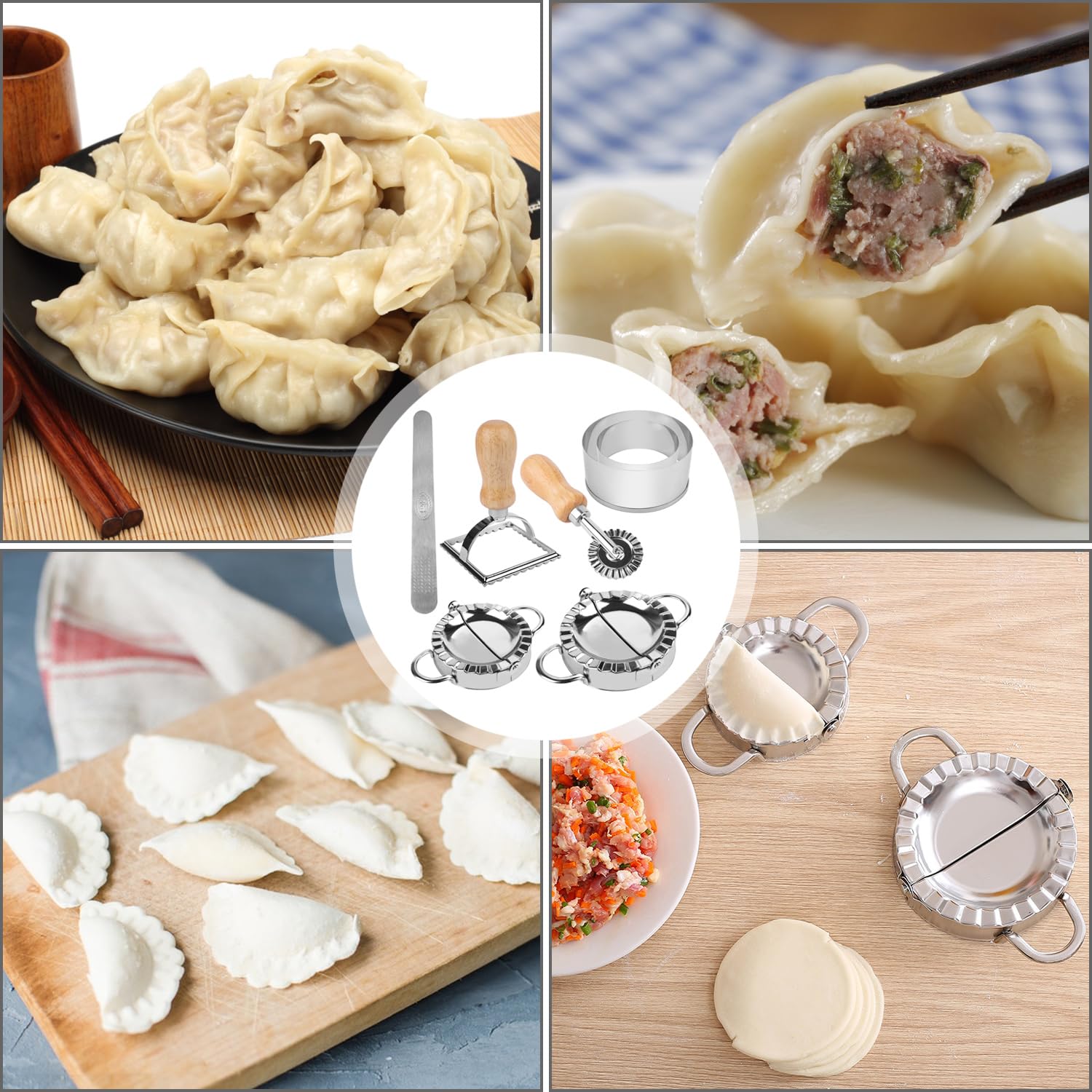 Zestaw 7 foremek do ravioli i pierogów ze stali nierdzewnej, foremka do pierogów z ravioli i kółkami do ciasta