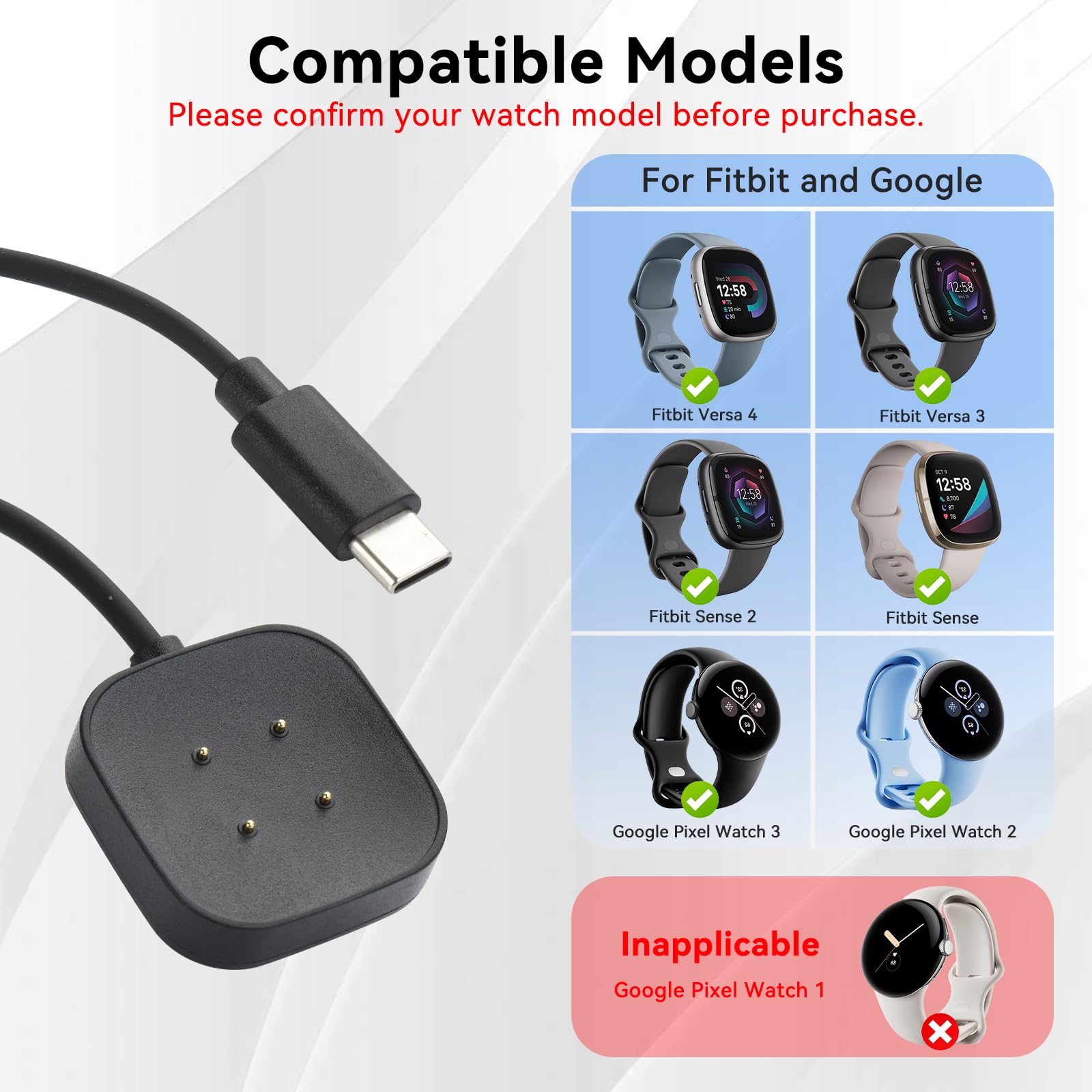 aceyoon 2 sztuki USB C kabel do ładowania Fitbit Versa 3 / Versa 4 / Sense/Sense 2, 1,2 m, magnetyczna ładowarka do Google Pixel Watch 2 3 z 2 adapterami USB