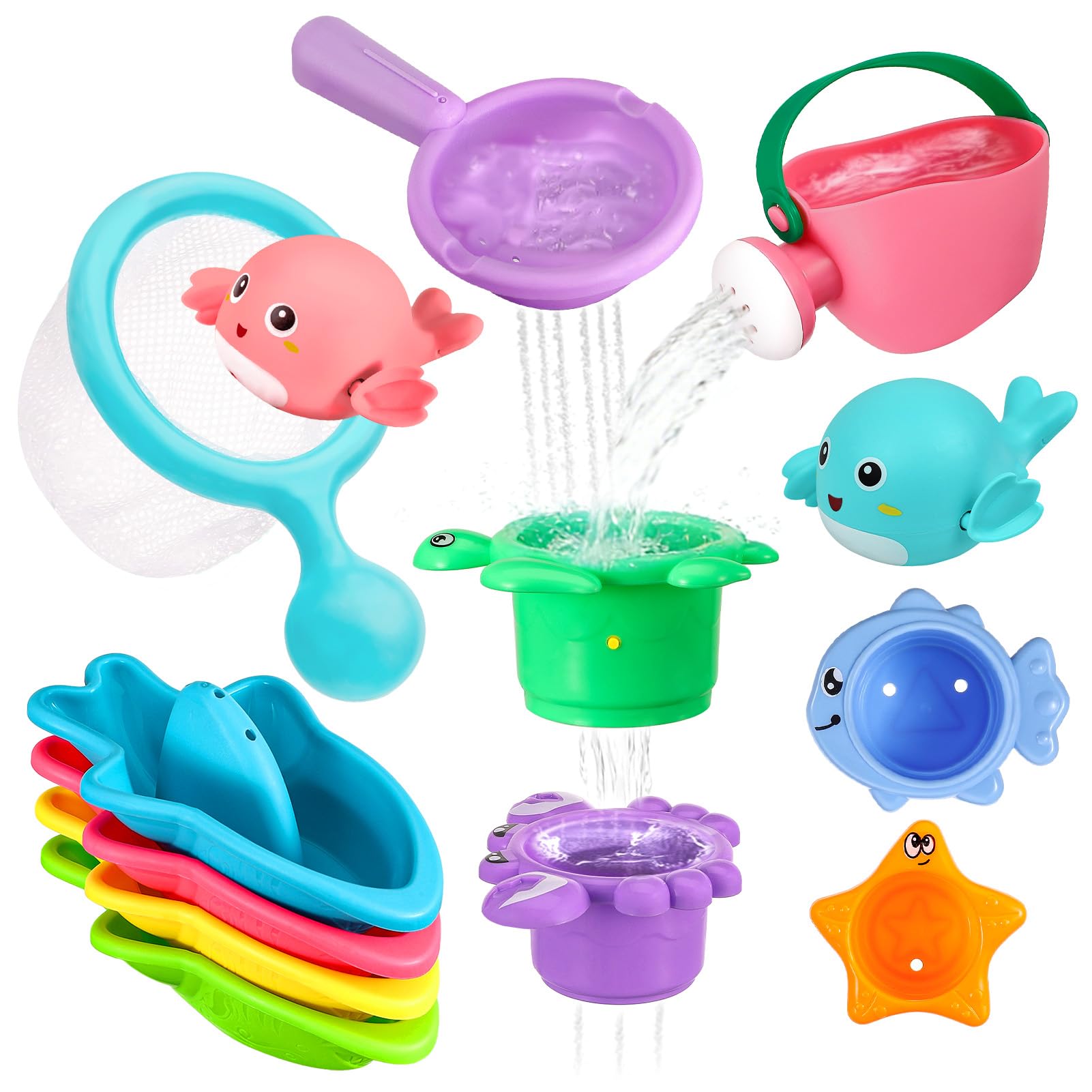 13 Pcs Baby Bath Toys for 1 2 3 4 Years, Mould Free Toddler Bath Toys Water Play Swimming Pool Toys with Watering Can Bath Boats Bath Cups Bath Jug Water Wheel for Boys Girls