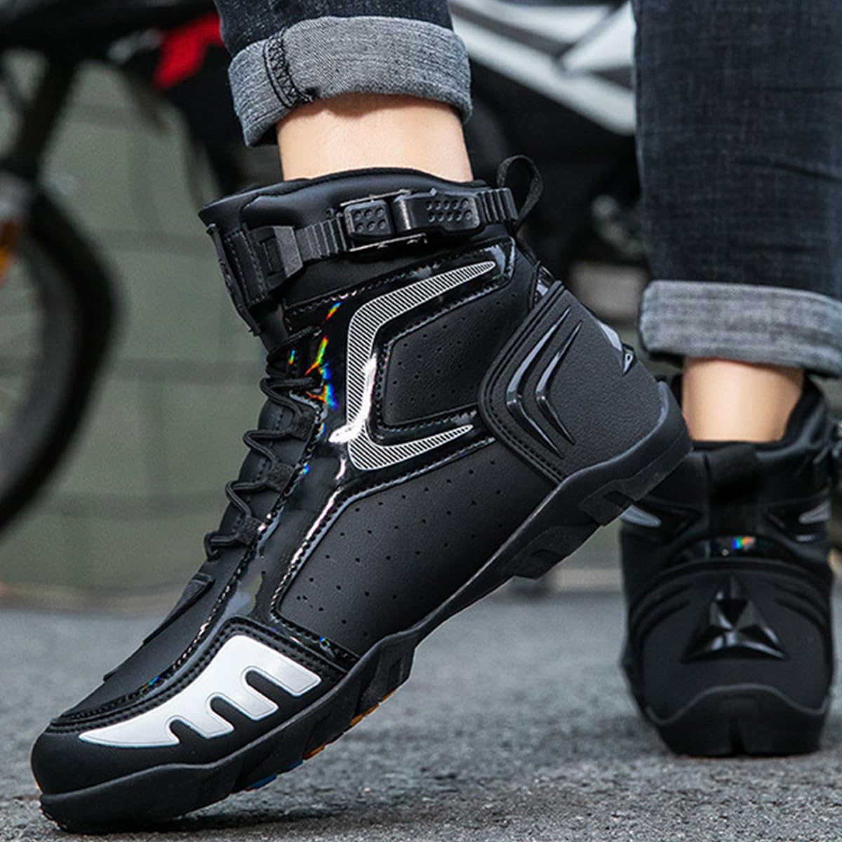 Stivali da Moto Uomo Scarpe Motocross Traspirante Rinforzato | Resistenti agli Urti, Chiusura Rapida, Supporto alla Caviglia, Suola Antiscivolo, Impugnatura del Cambio, Pista e Strada