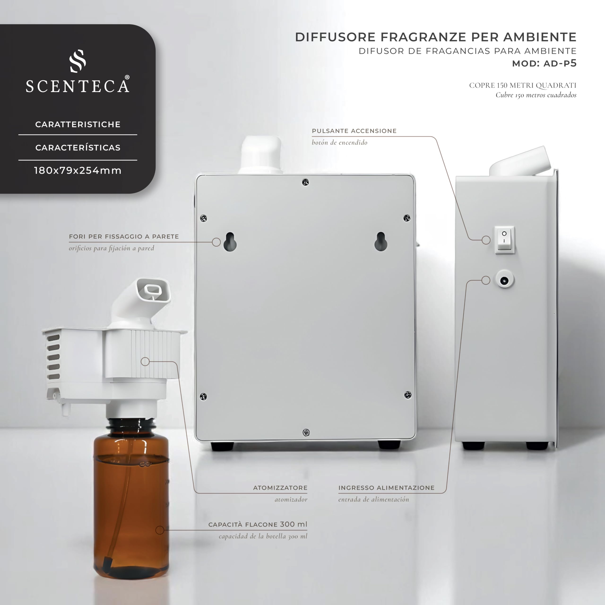 SCENTECA Difusor eléctrico de aceites Esenciales Mod. AD-P5, con Fragancia Té Blanco y Flores de Primavera incluida, nebulización sin Agua, Cobertura hasta 150 m², para casa y Oficina (100 ml)