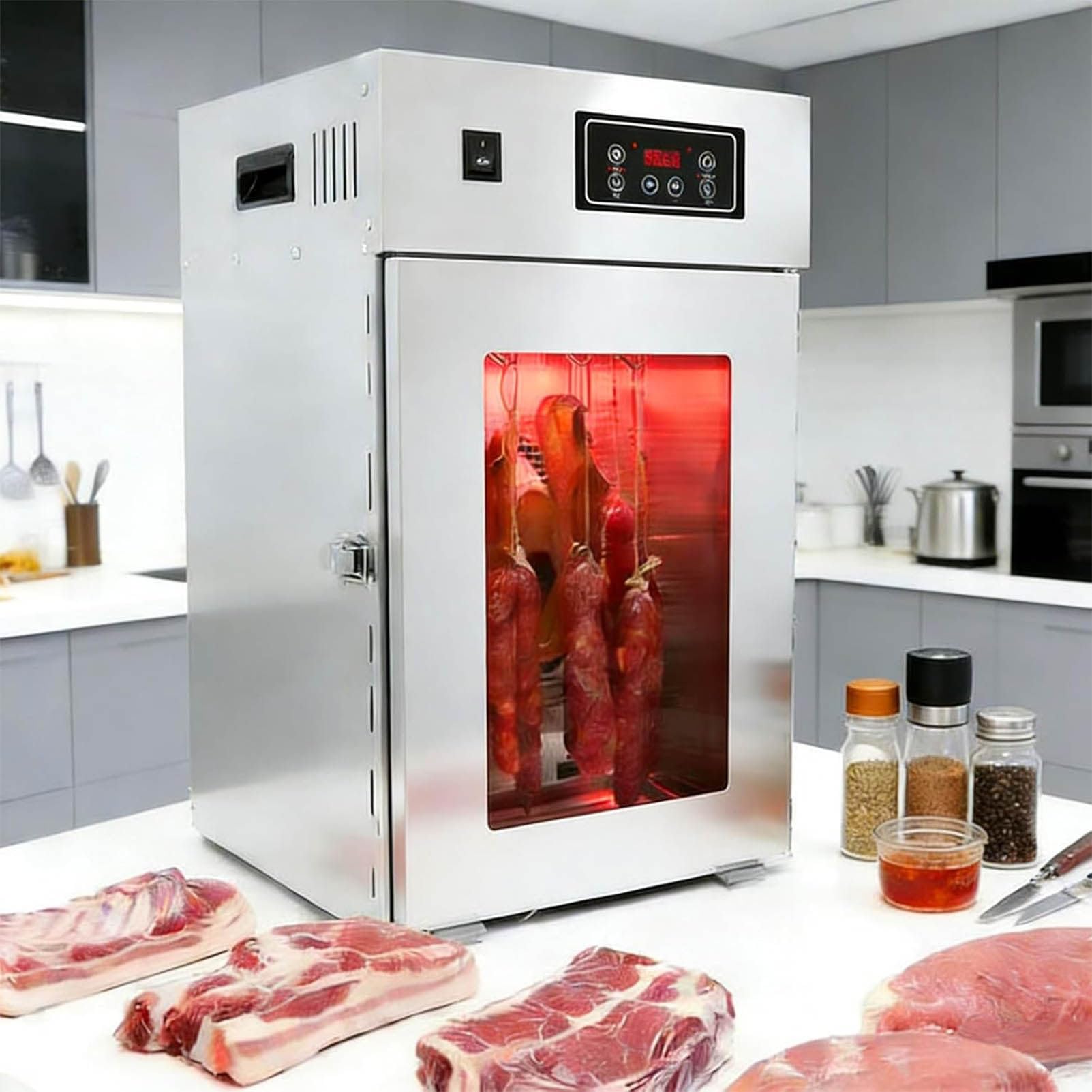 LJLYYDS 360° Rotary Stainless Steel Sausage Dryer - Large 7.5kg, 14 Hanging Rods,800w Food Dehydrator For Jerky, Adjustable 30-90°C Temperature Control, Low Noise