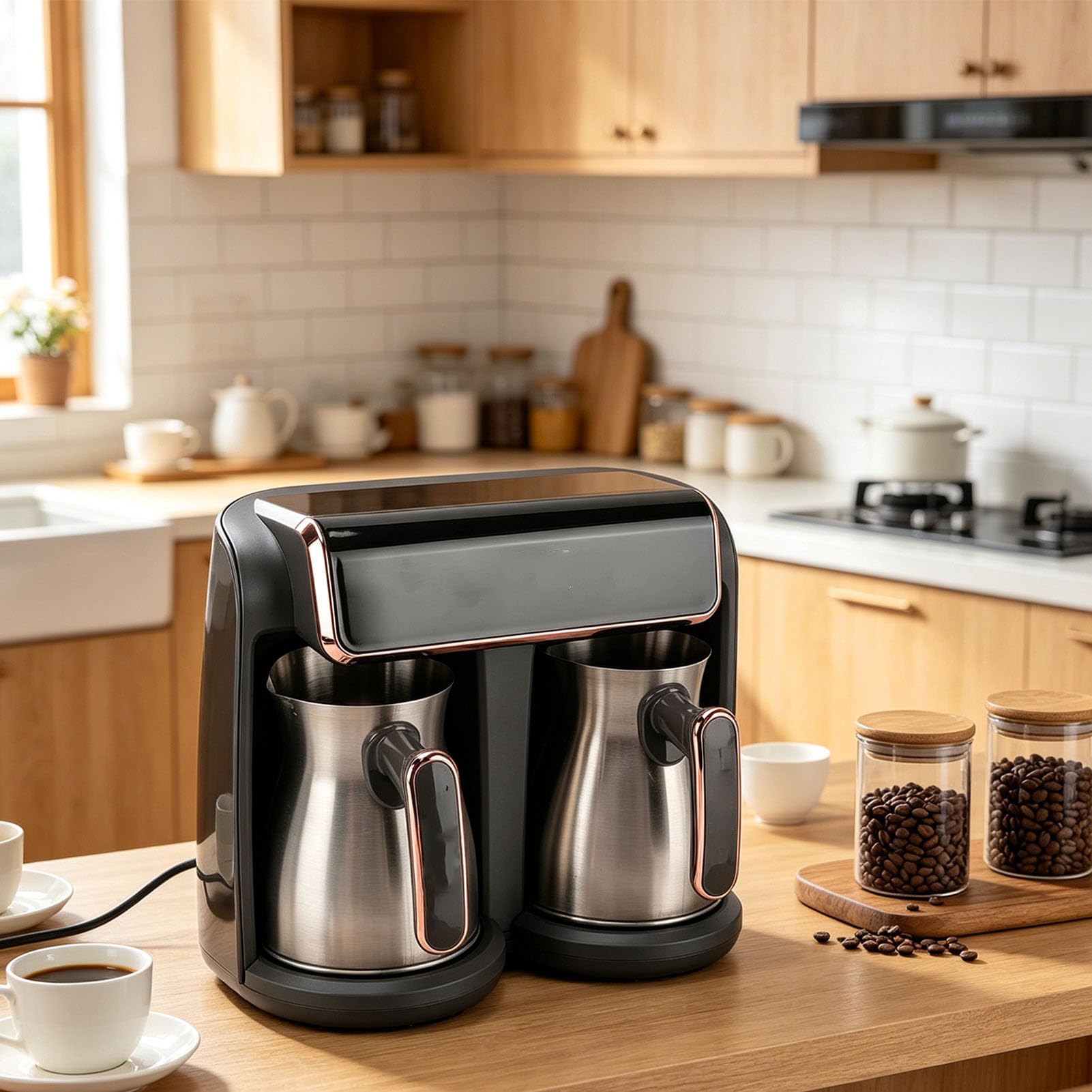 Turecki Ekspres do Kawy, Grecki Ekspres do Kawy o Mocy 600 W, Elektryczny Podwójny Garnek, 2 X 300 Ml Podgrzewacz Herbaty ze Stali Nierdzewnej, Podgrzewacz Mleka