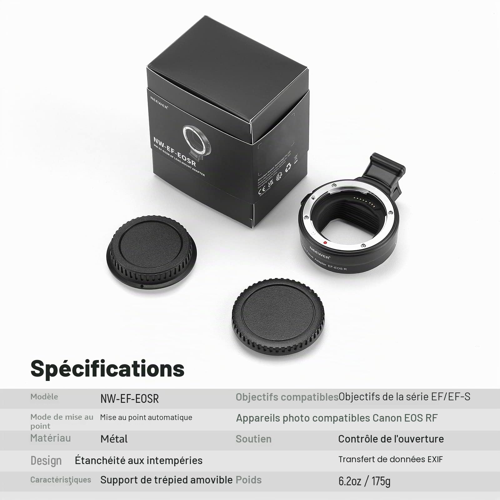 NEEWER Adaptateur de Monture EF vers EOS R, Objectif EF/EF-S vers Monture RF, Bague de Conversion autofocus Compatible avec Canon EOS R Ra RP R6 Mark II R6 R5 R3 R7 R10 R8 R50, Charge Maxi: 4,4lb/2kg