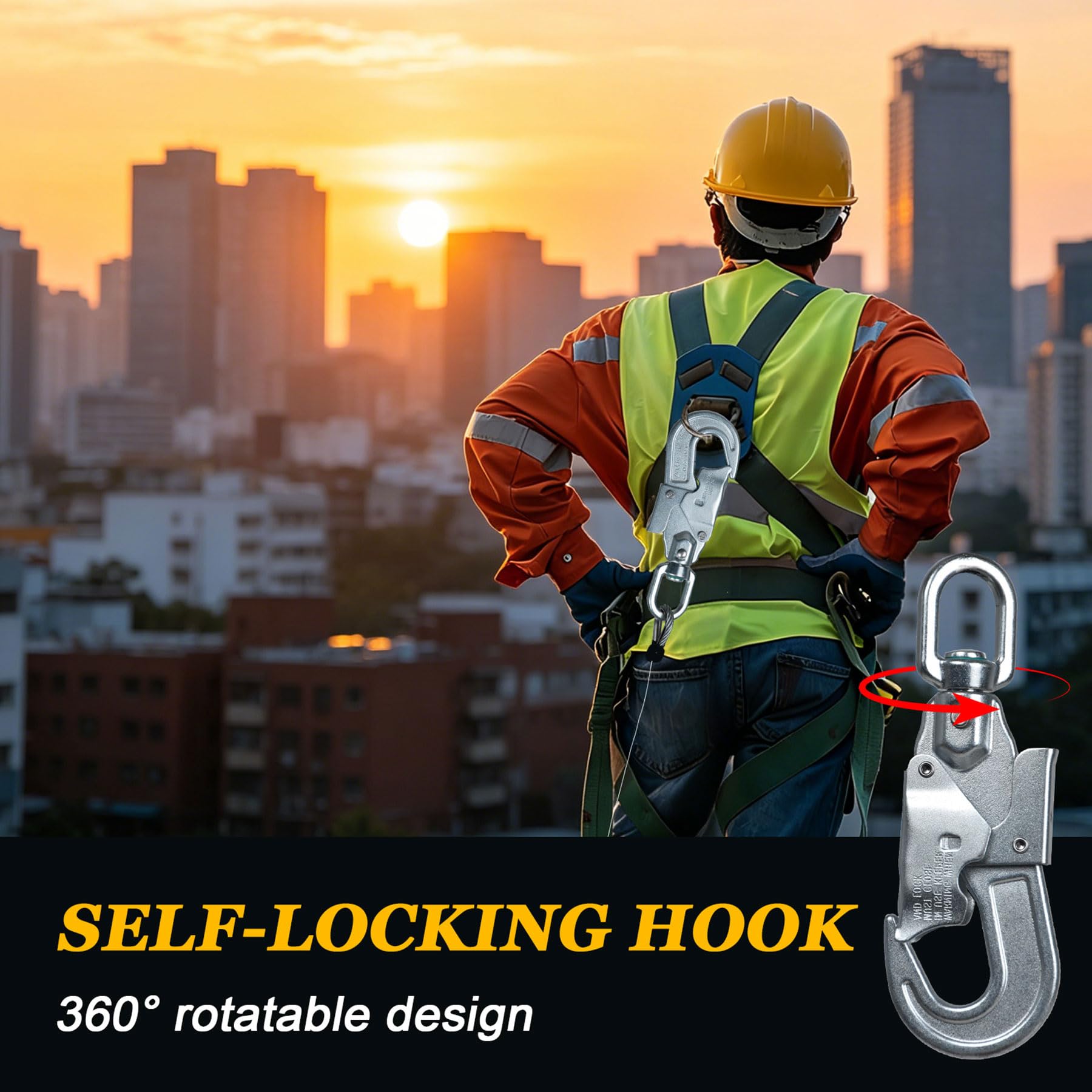 Dispositivo Anticaduta Retrattile Certificato 10-20m (Giallo, 10m) | Imbracatura di Sicurezza Anticaduta Tetto 150KG con Gancio Autobloccante, Dispositivo Sicurezza Anticaduta per Lavoro Aereo