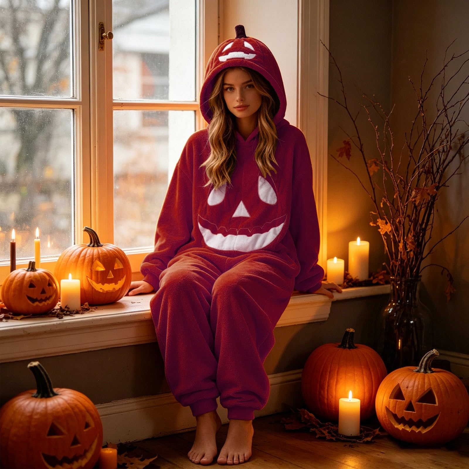 Genérico Pijama Unisex de Felpa para Adultos, Pumpkin Adult Onesie, Disfraz de Mono de una Pieza para Halloween, Traje de Cosplay para Mujeres y Hombres, Unisex, Cosplay, Ropa para Estar por casa
