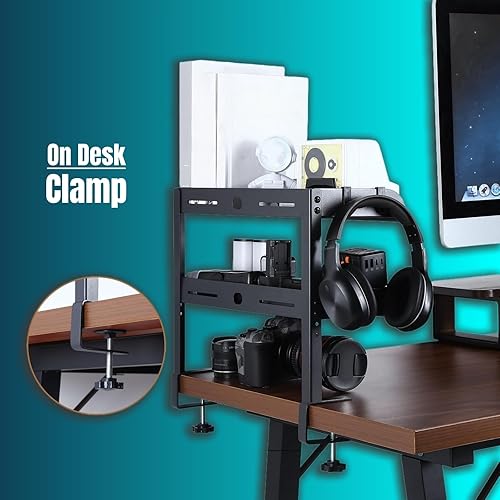 Miniatura 5 de Yuxh Estante de escritorio con abrazadera para debajo de la mesa, 15 pulgadas, negro, 2 niveles