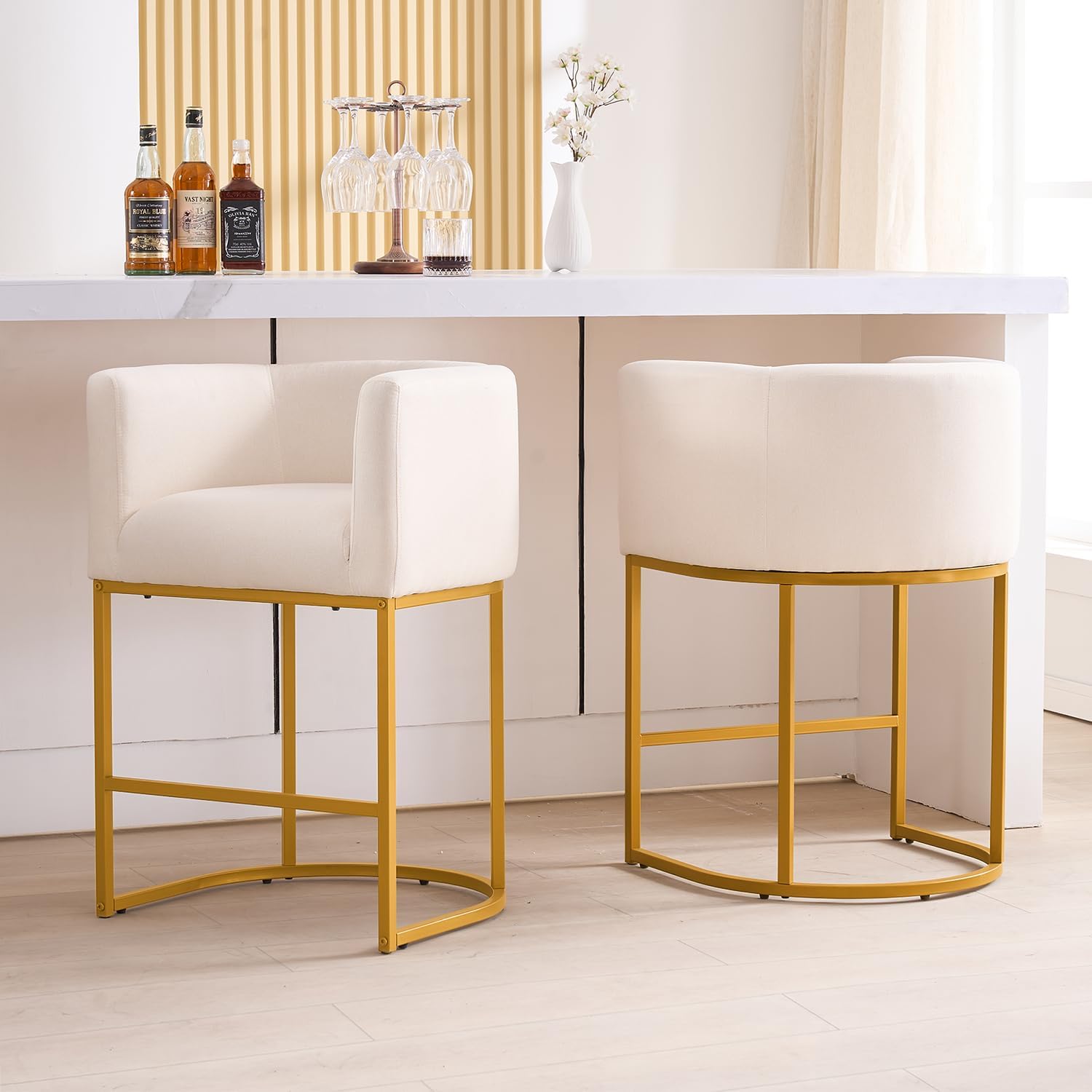 26" H Counter Height Bar Stools Set of 2, Modern Barrel Counter Stools with Backrest and Arms, Gold Metal Frames,Fabric Upholstered Accent Barstools for Kitchen Island, Beige Linen
